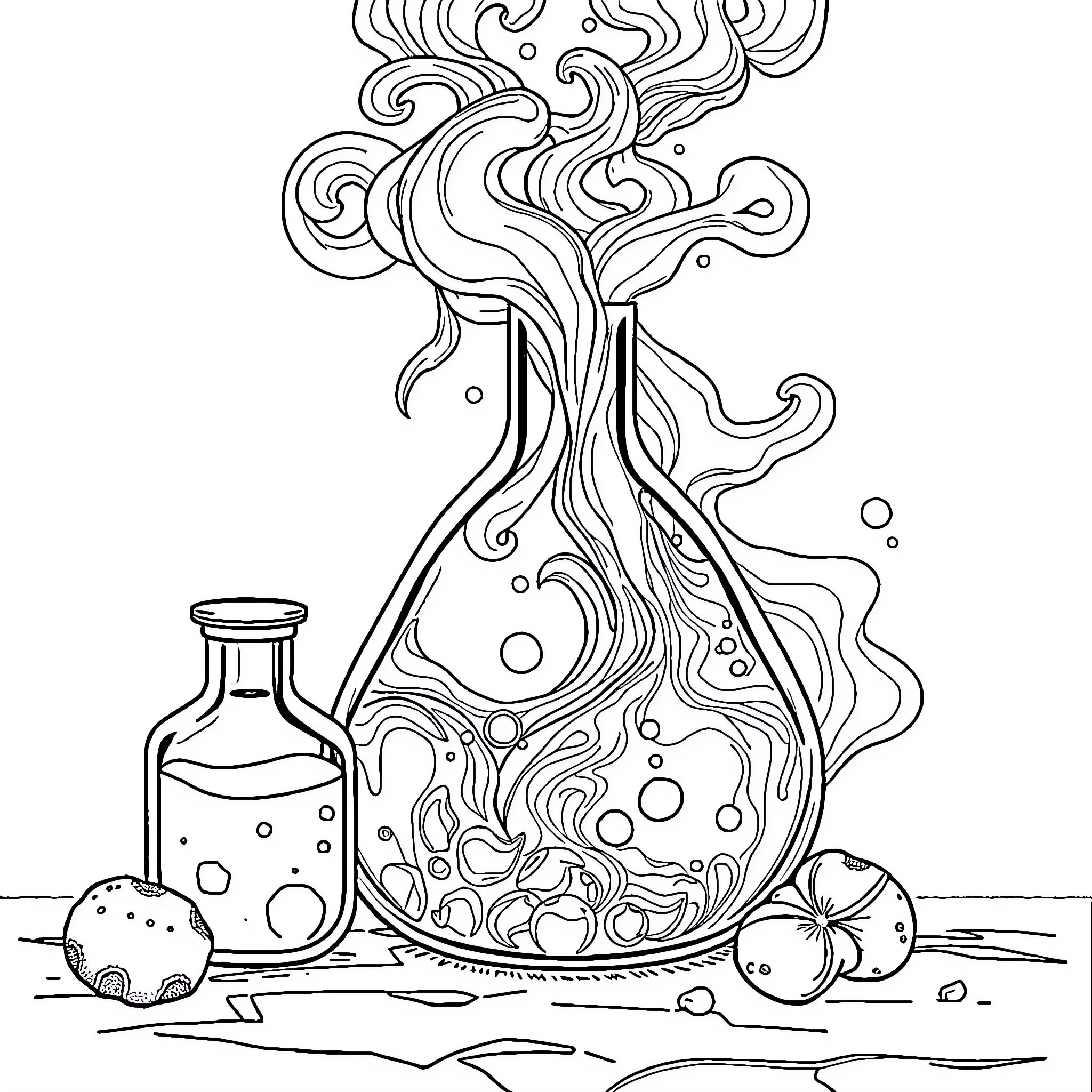 Physical Chemistry: Whimsical Glassware and Organic Elements Coloring Page (free black-and-white line drawing printable PDF for all, from beginners to advanced learners, including children, teens, adults, and seniors)