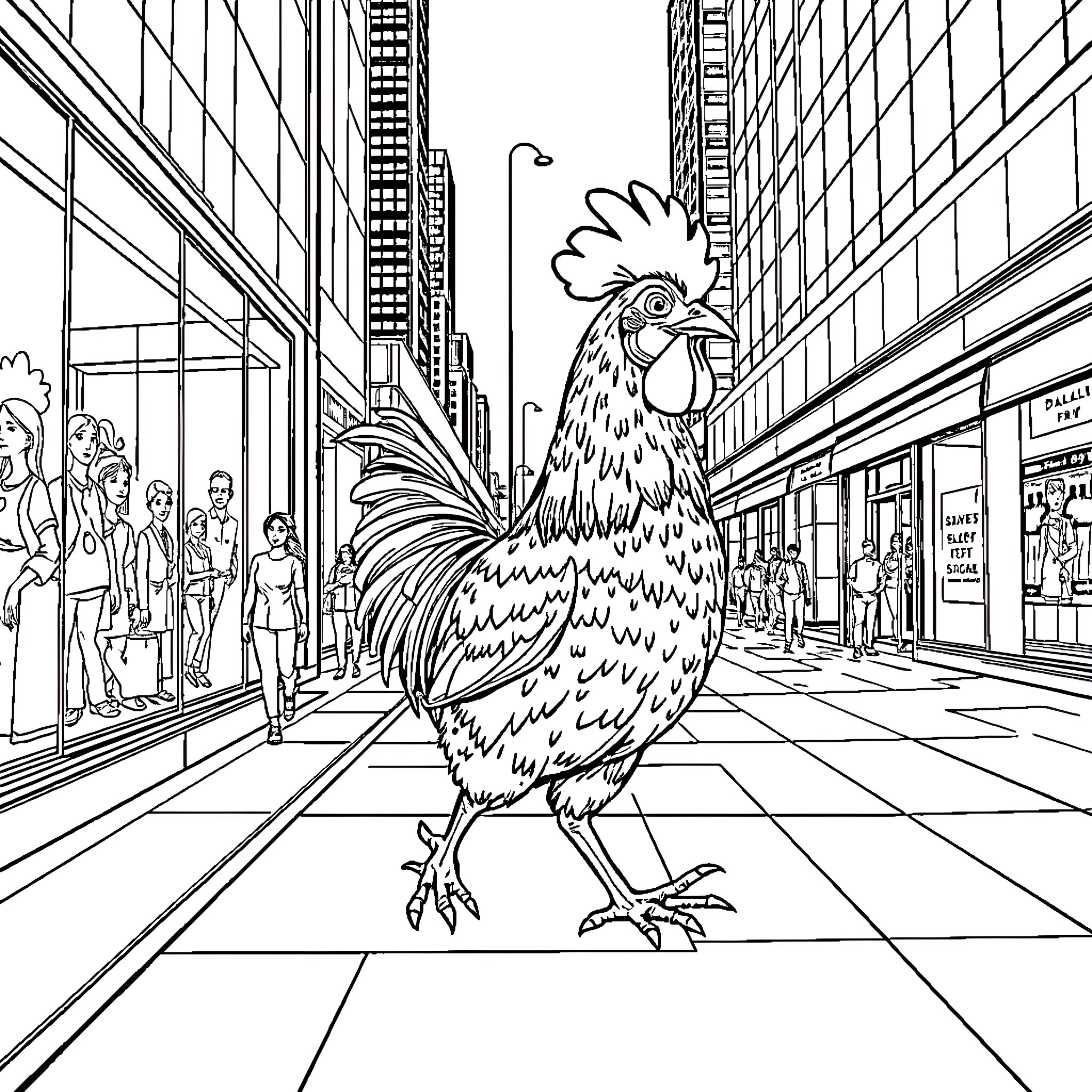 Chicken struts through the city streets Coloring Page (free black-and-white line drawing printable PDF for all, from beginners to advanced learners, including children, teens, adults, and seniors)