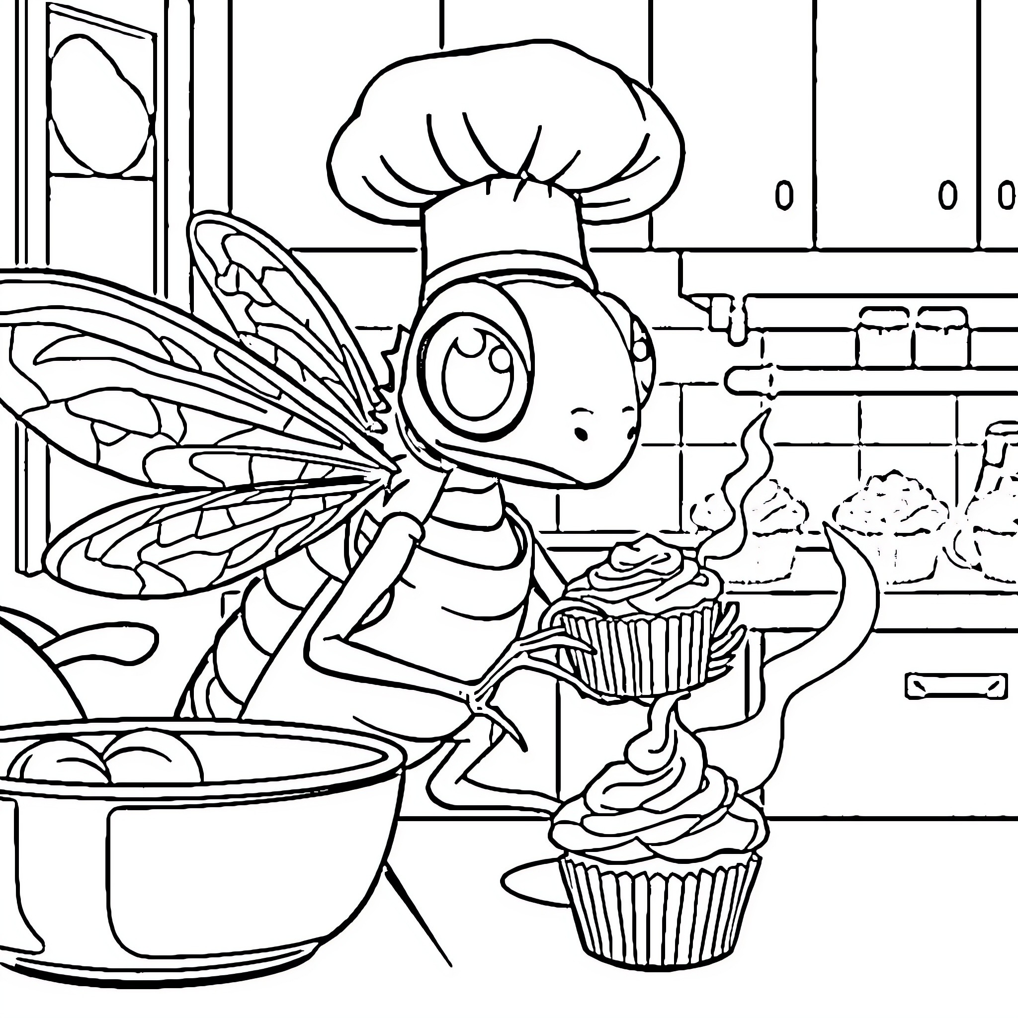 Dragonfly chef baking cupcakes in the kitchen Coloring Page (free black-and-white line drawing printable PDF for all, from beginners to advanced learners, including children, teens, adults, and seniors)
