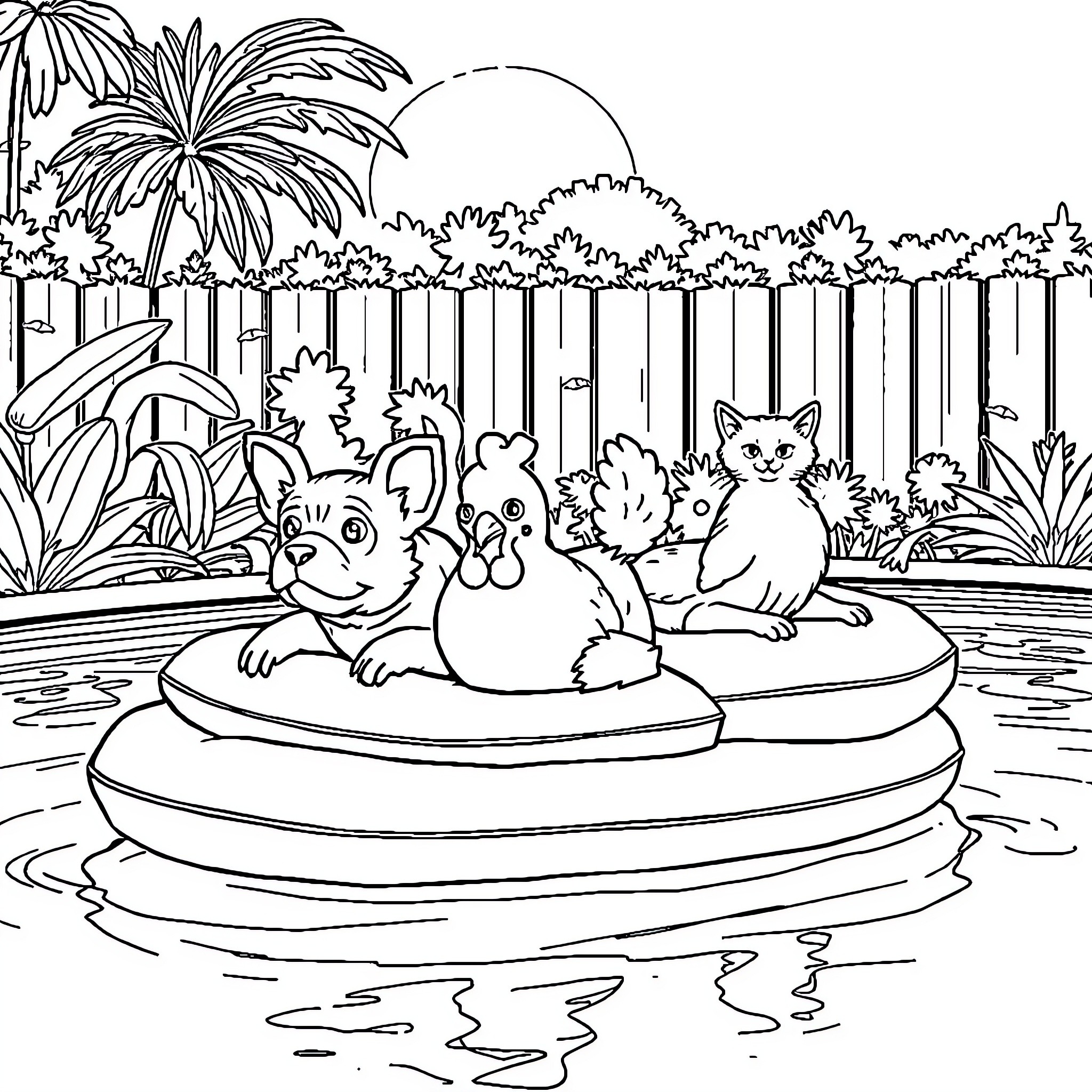 Guinea Pigs Relaxing in Tropical Oasis Coloring Page (free black-and-white line drawing printable PDF for all, from beginners to advanced learners, including children, teens, adults, and seniors)