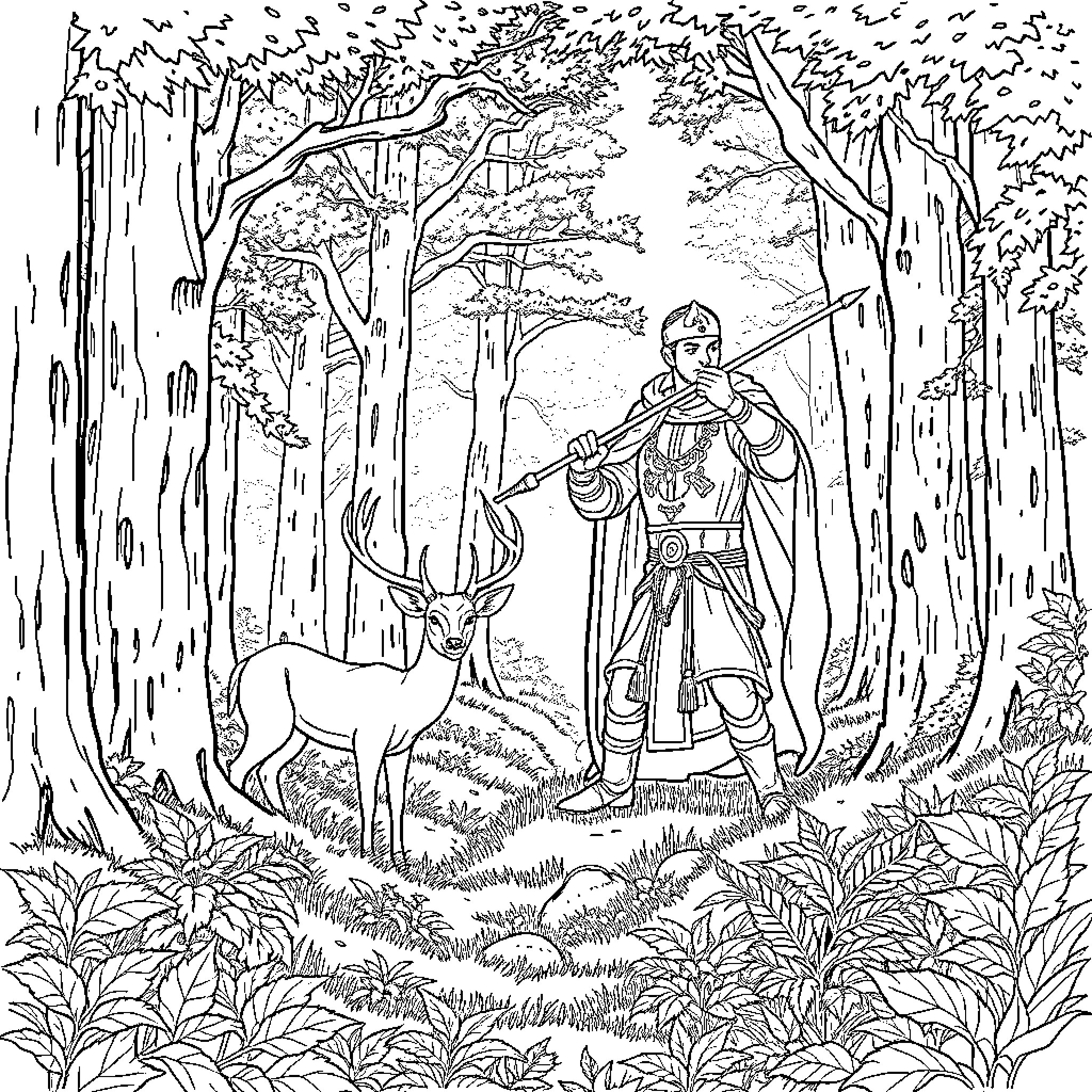 King Arthur's Woodland Encounter with a Majestic Stag Coloring Page (free black-and-white line drawing printable PDF for all, from beginners to advanced learners, including children, teens, adults, and seniors)