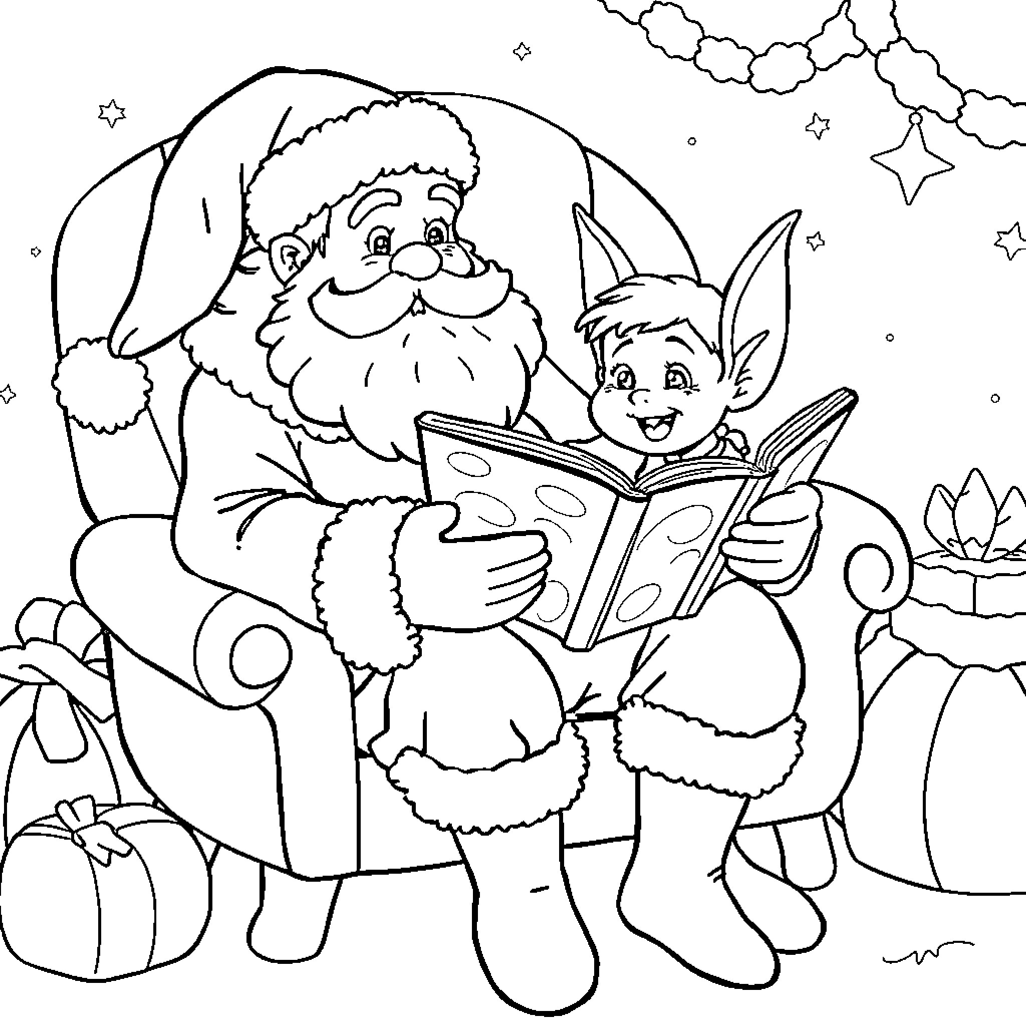 Santa reading a book to an elf in the snowy scene Coloring Page (free black-and-white line drawing printable PDF for all, from beginners to advanced learners, including children, teens, adults, and seniors)