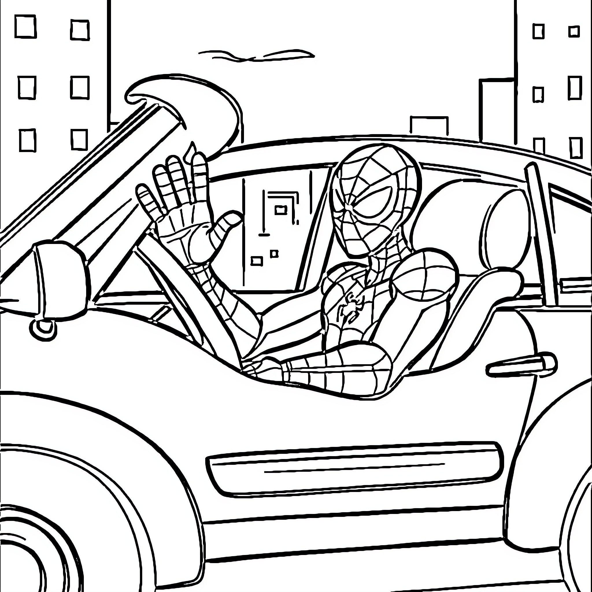 Spiderman swinging through the city in action Coloring Page (free black-and-white line drawing printable PDF for all, from beginners to advanced learners, including children, teens, adults, and seniors)