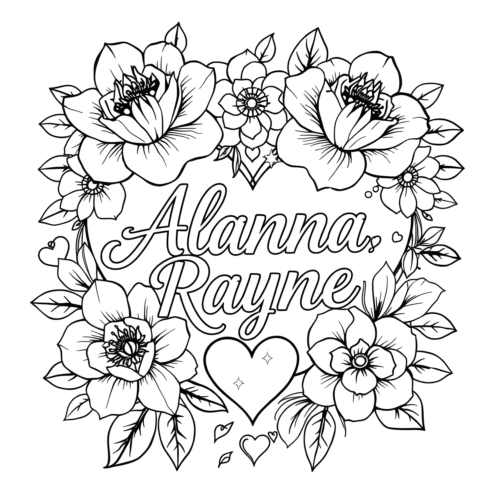 Flower portrait with floral elements and names Coloring Page (free black-and-white line drawing printable PDF for all, from beginners to advanced learners, including children, teens, adults, and seniors)