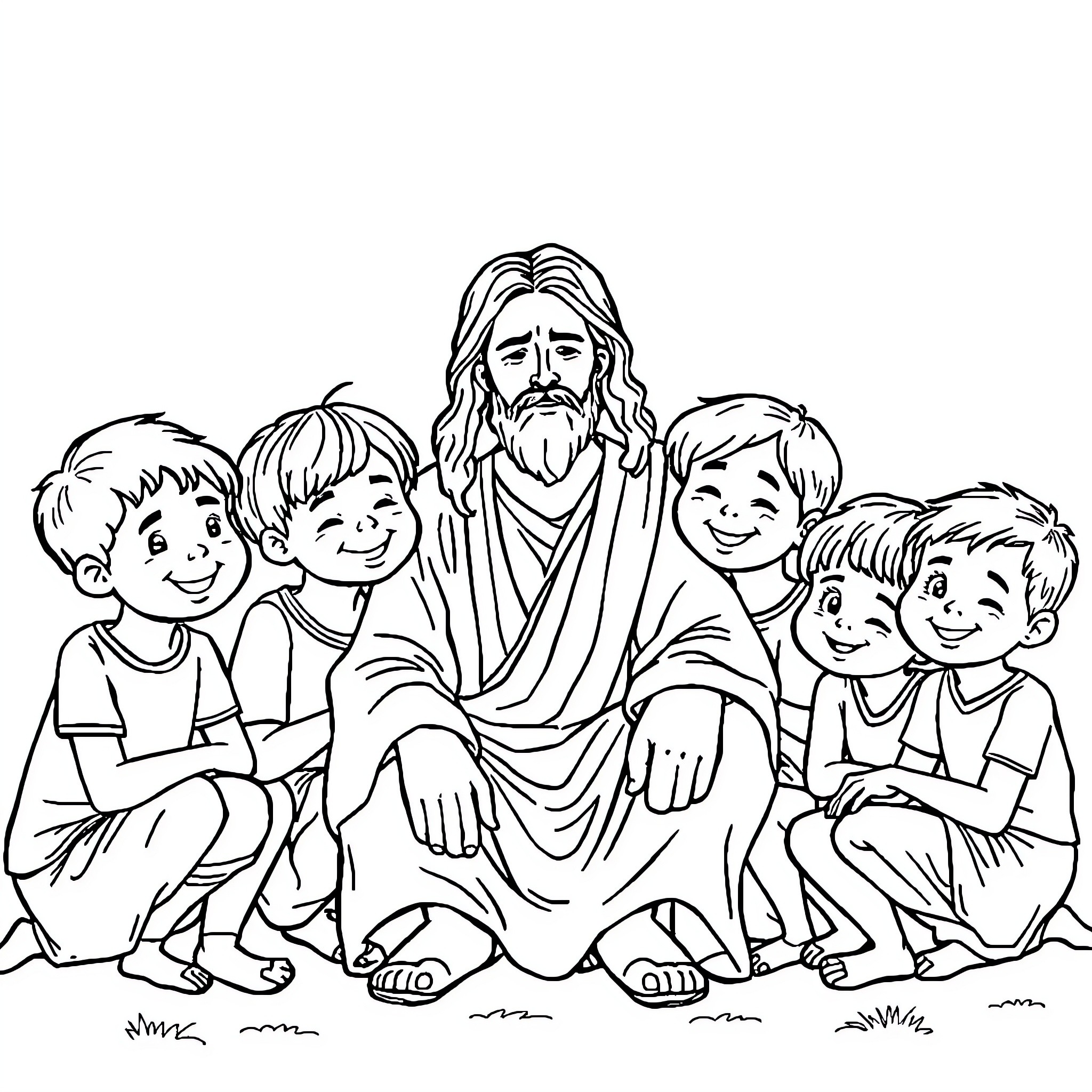 Jesus teaching and interacting with children Coloring Page (free black-and-white line drawing printable PDF for all, from beginners to advanced learners, including children, teens, adults, and seniors)