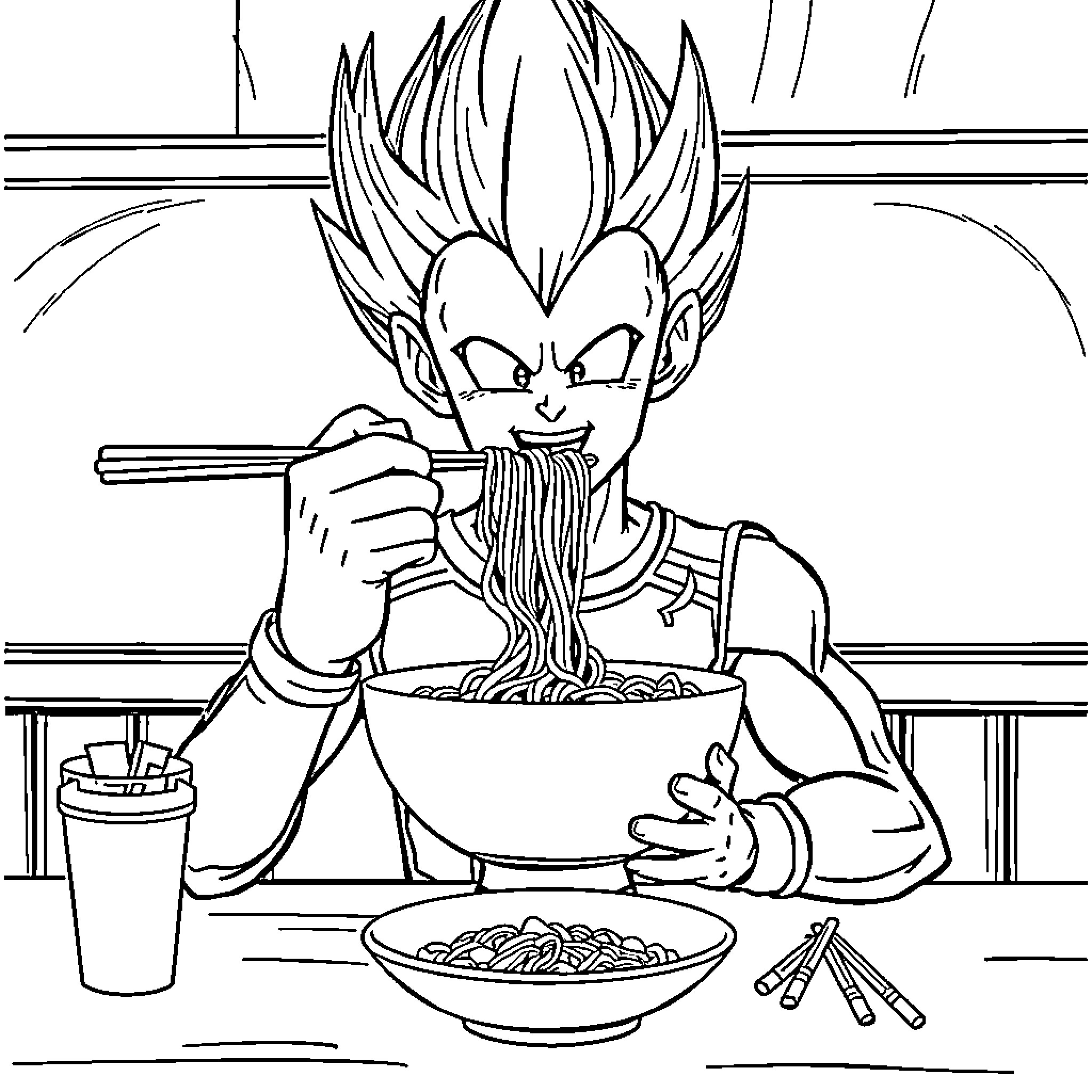Vegeta Enjoying a Hearty Meal Coloring Page (free black-and-white line drawing printable PDF for all, from beginners to advanced learners, including children, teens, adults, and seniors)