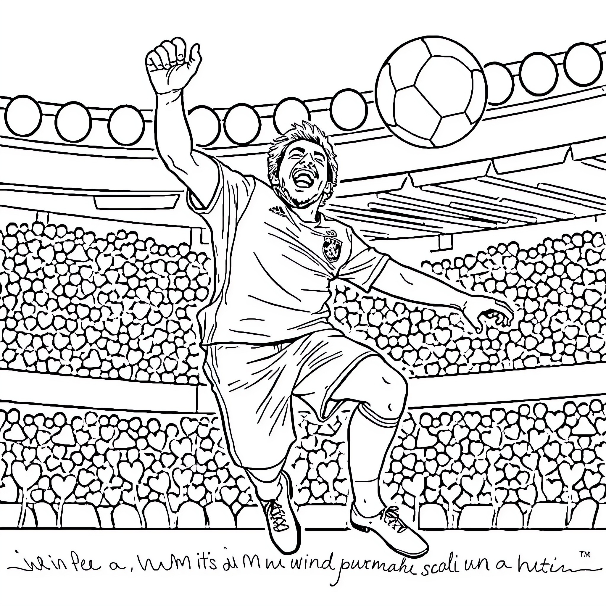 Footballer celebrating victory in stadium Coloring Page (free black-and-white line drawing printable PDF for all, from beginners to advanced learners, including children, teens, adults, and seniors)