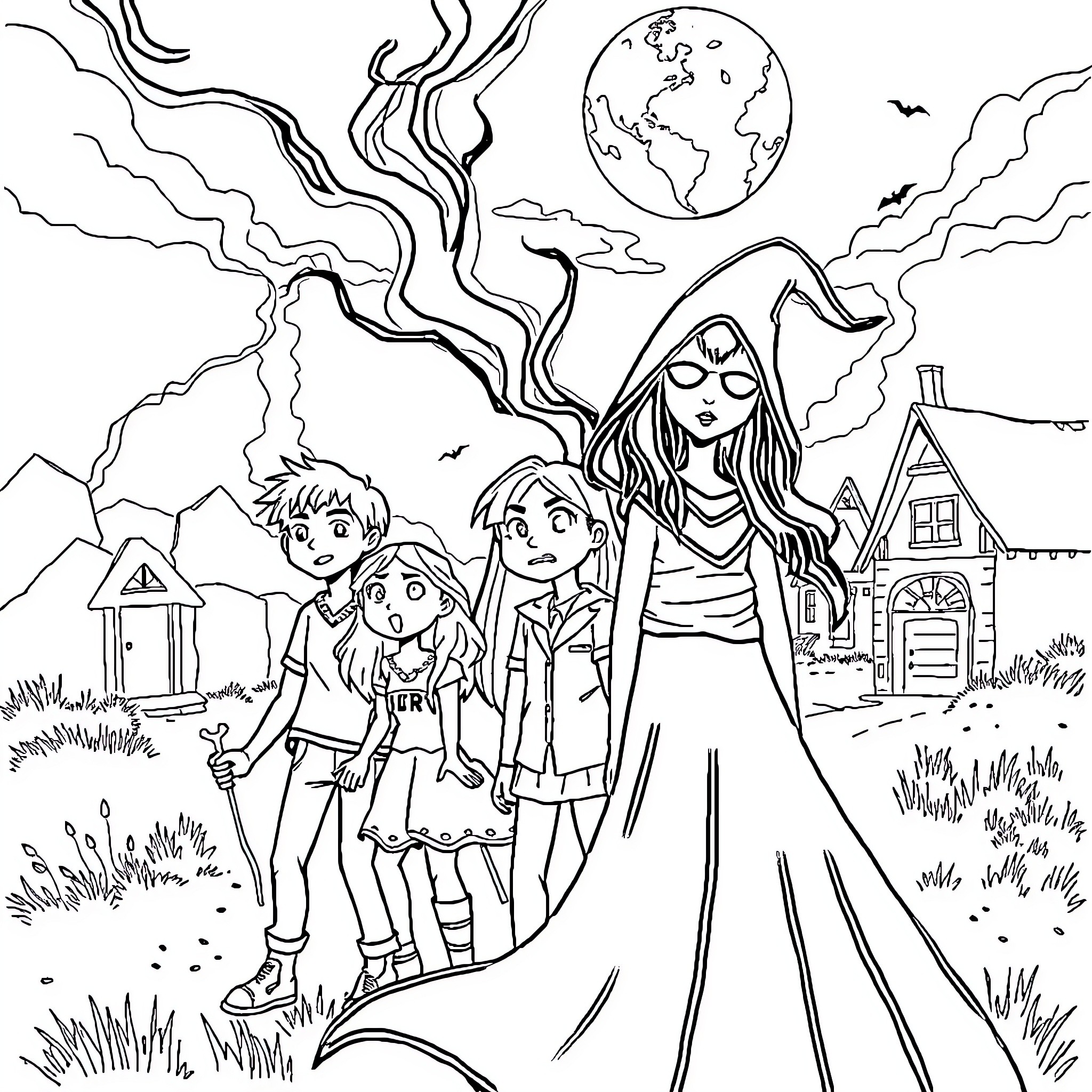 Stranger Things: Group Facing Supernatural Challenges Coloring Page (free black-and-white line drawing printable PDF for all, from beginners to advanced learners, including children, teens, adults, and seniors)