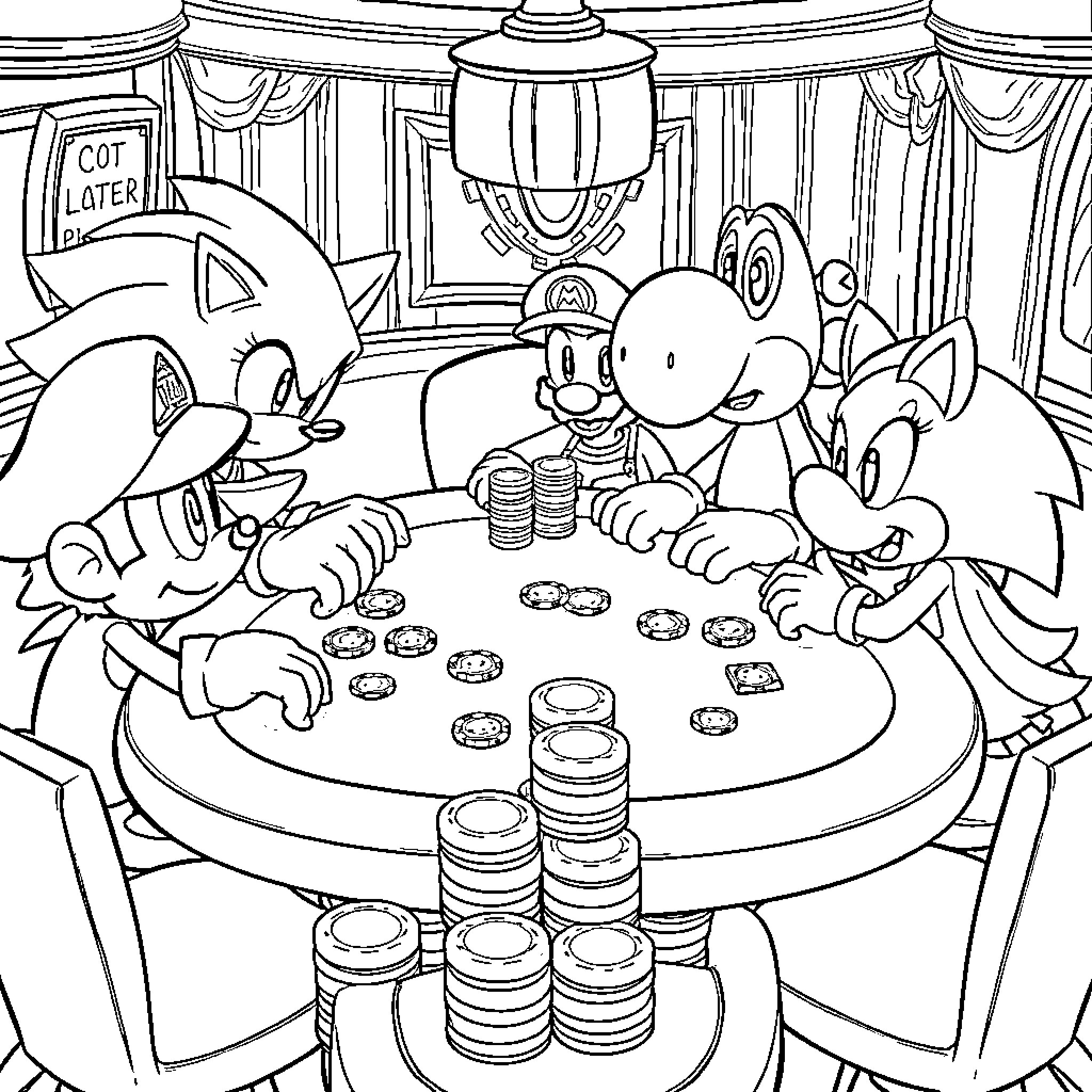 Sonic's casino adventure with friends Coloring Page (free black-and-white line drawing printable PDF for all, from beginners to advanced learners, including children, teens, adults, and seniors)