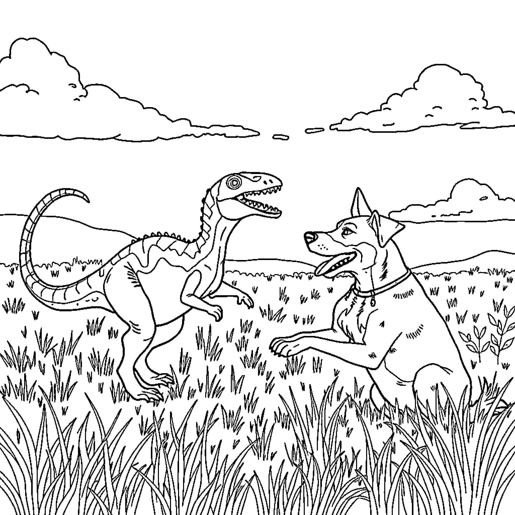 Red Heeler chasing a Dinosaur in the wild Coloring Page (free black-and-white line drawing printable PDF for all, from beginners to advanced learners, including children, teens, adults, and seniors)