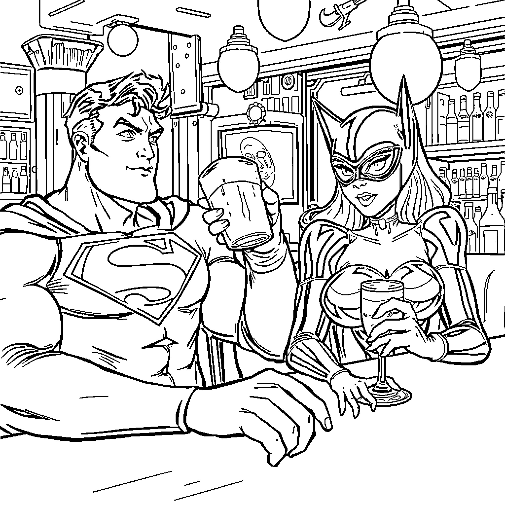 Superman and Batgirl Enjoying Drinks in the Cafe Coloring Page (free black-and-white line drawing printable PDF for all, from beginners to advanced learners, including children, teens, adults, and seniors)
