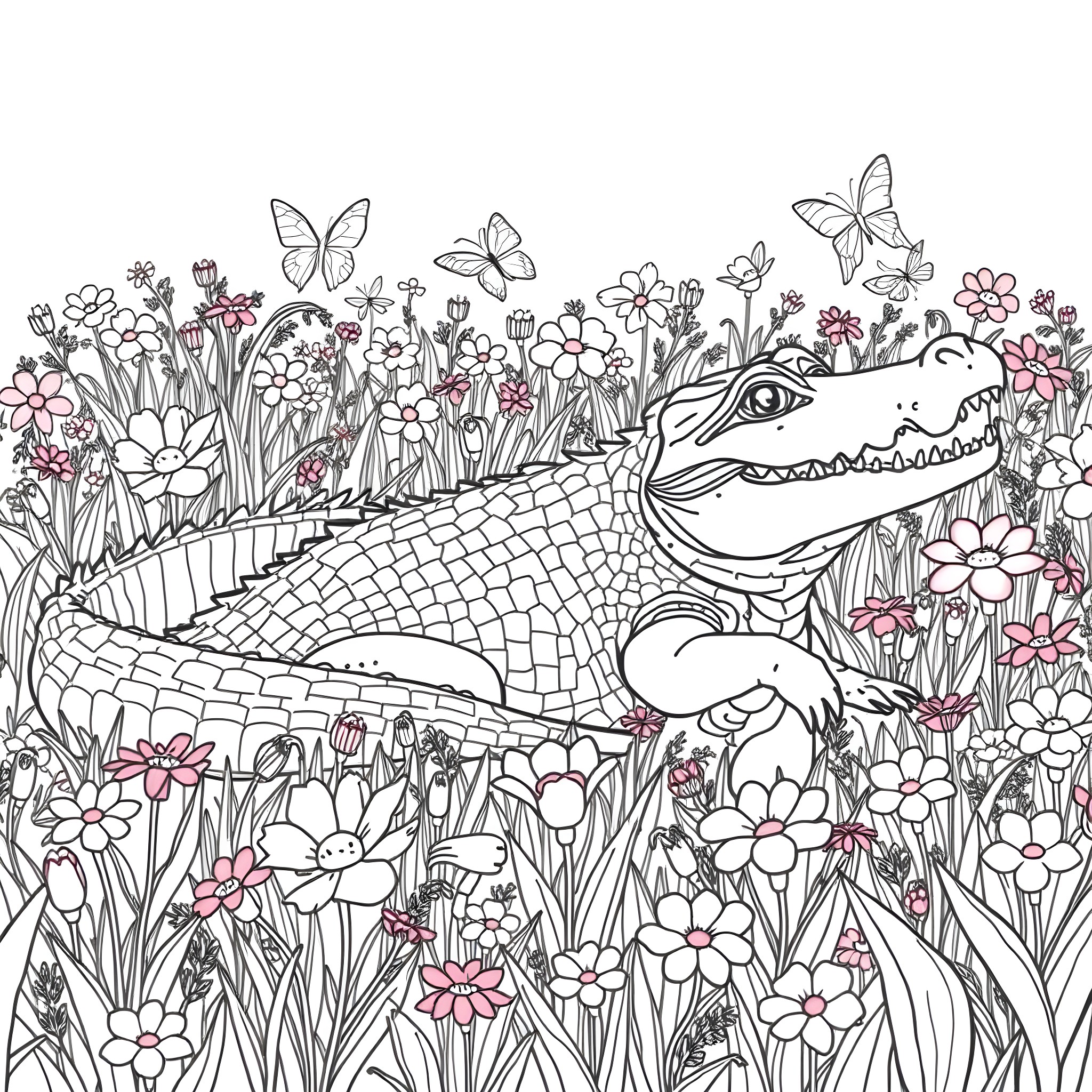 Alligator lounging amidst a garden of vibrant flowers Coloring Page (free black-and-white line drawing printable PDF for all, from beginners to advanced learners, including children, teens, adults, and seniors)