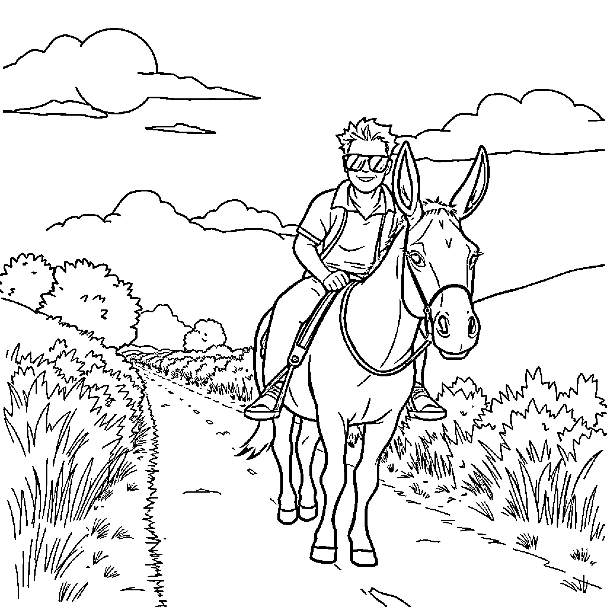 Guy riding a donkey on a rural path Coloring Page (free black-and-white line drawing printable PDF for all, from beginners to advanced learners, including children, teens, adults, and seniors)