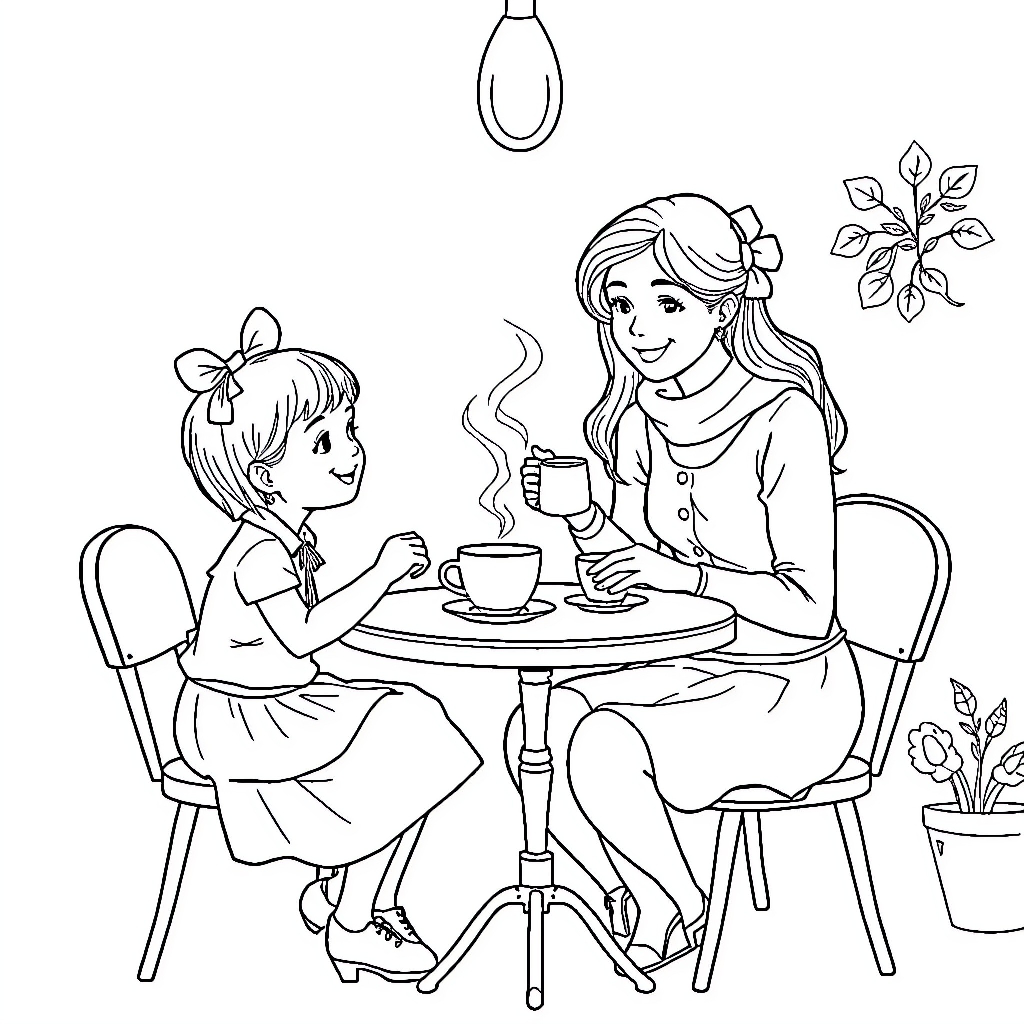 Mother and Daughter Enjoying Tea Together Coloring Page (free black-and-white line drawing printable PDF for all, from beginners to advanced learners, including children, teens, adults, and seniors)