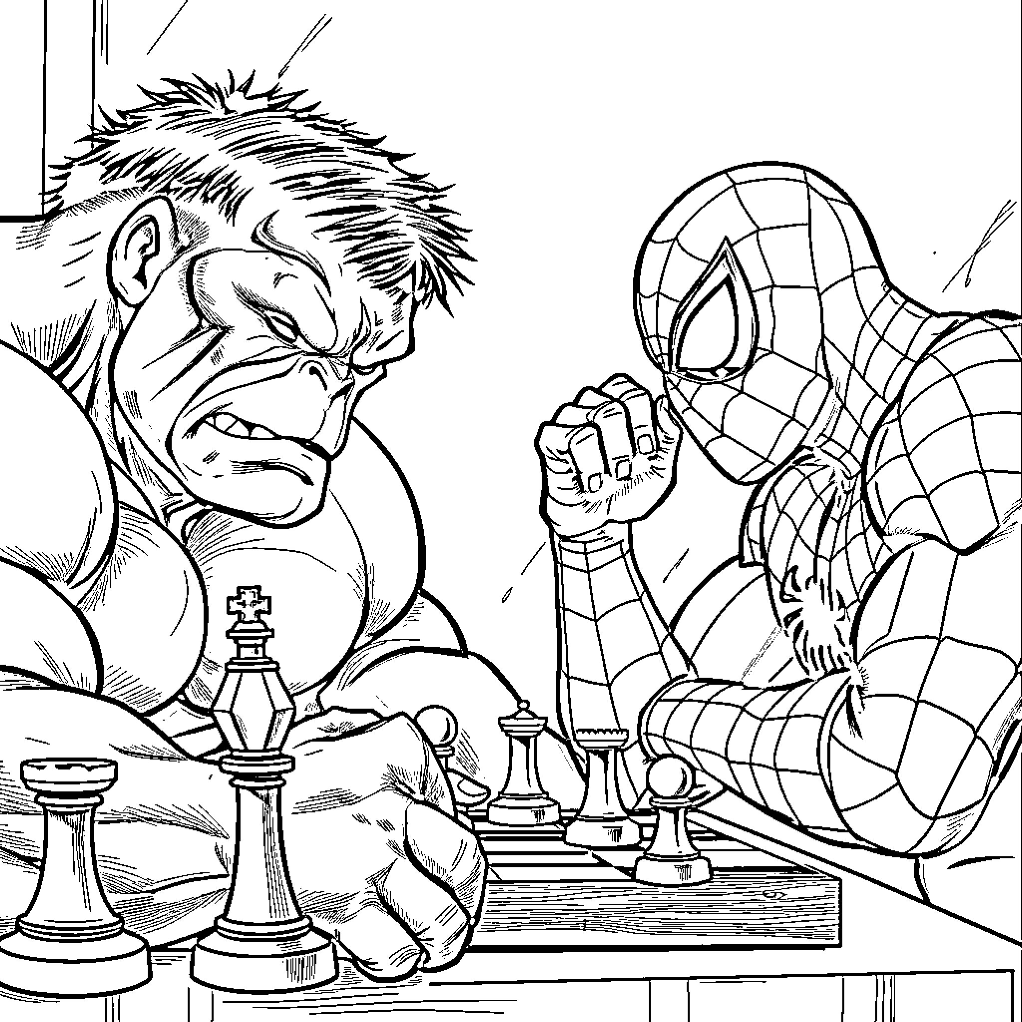 Spiderman playing chess with a muscular character Coloring Page (free black-and-white line drawing printable PDF for all, from beginners to advanced learners, including children, teens, adults, and seniors)