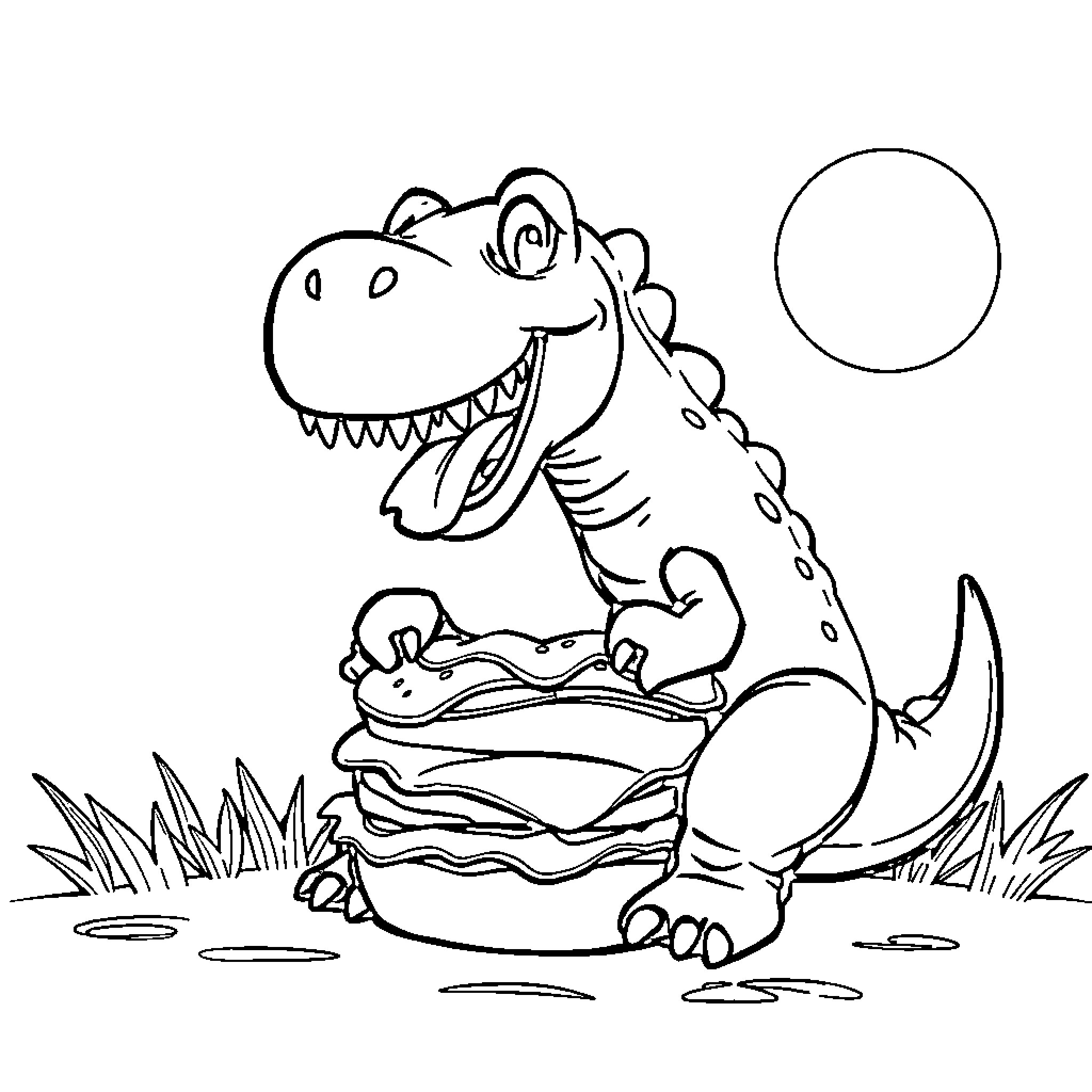 Dinosaur enjoying a tasty burger outdoors Coloring Page (free black-and-white line drawing printable PDF for all, from beginners to advanced learners, including children, teens, adults, and seniors)