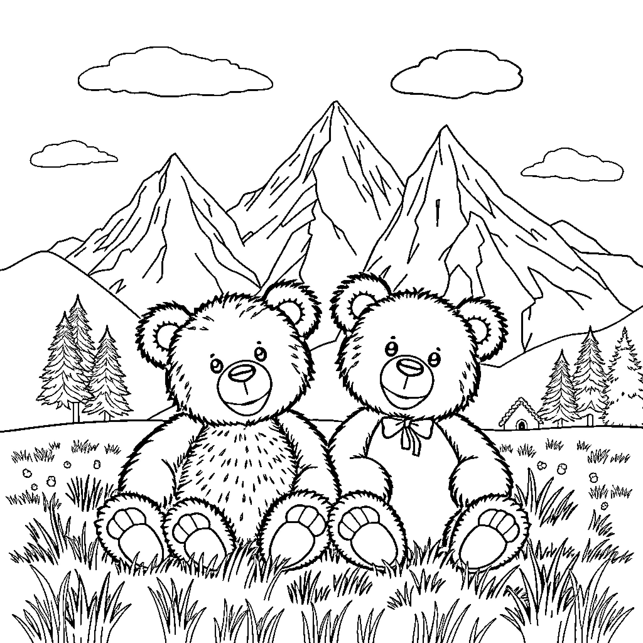 Teddy Bears Enjoying the Scenic Mountain View Coloring Page (free black-and-white line drawing printable PDF for all, from beginners to advanced learners, including children, teens, adults, and seniors)