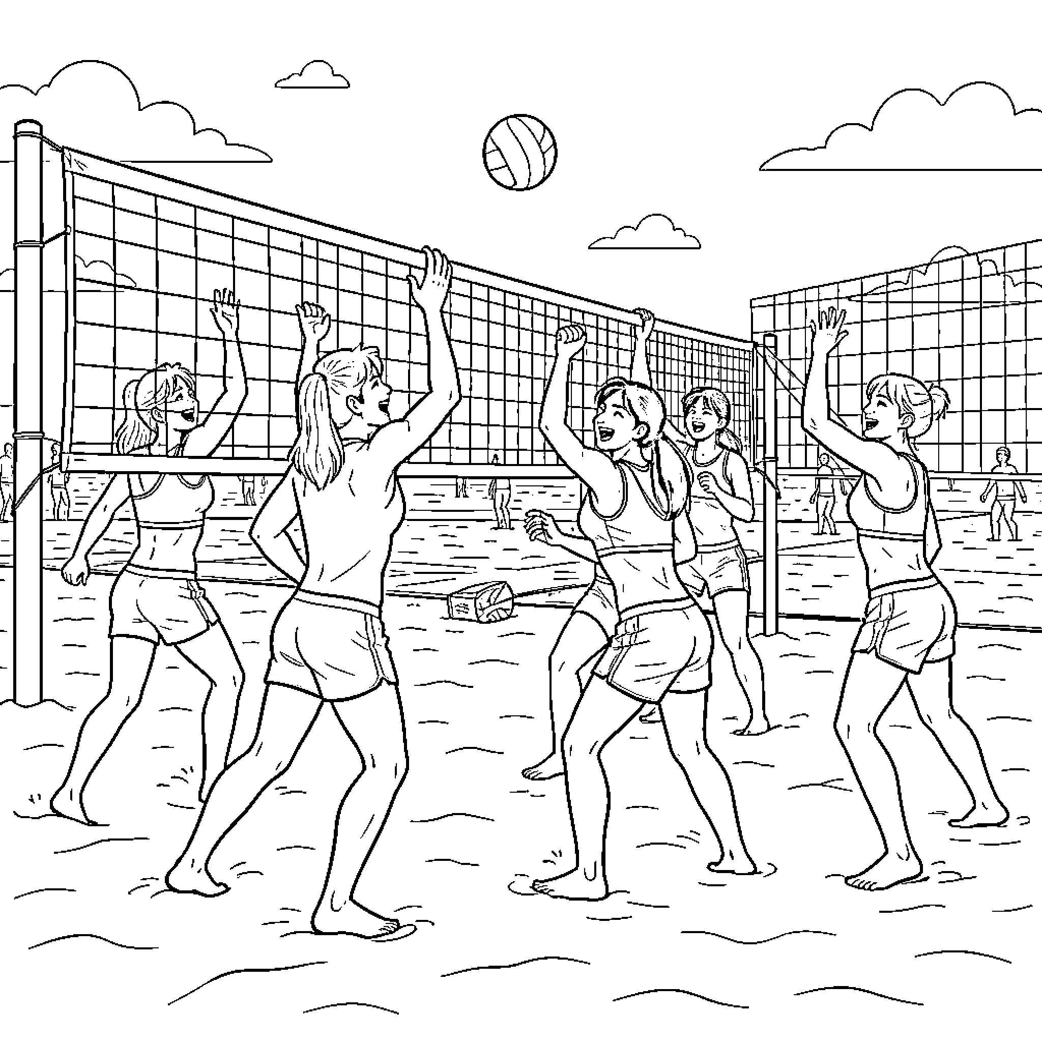 Kpop Group playing an energetic game of beach volleyball Coloring Page (free black-and-white line drawing printable PDF for all, from beginners to advanced learners, including children, teens, adults, and seniors)
