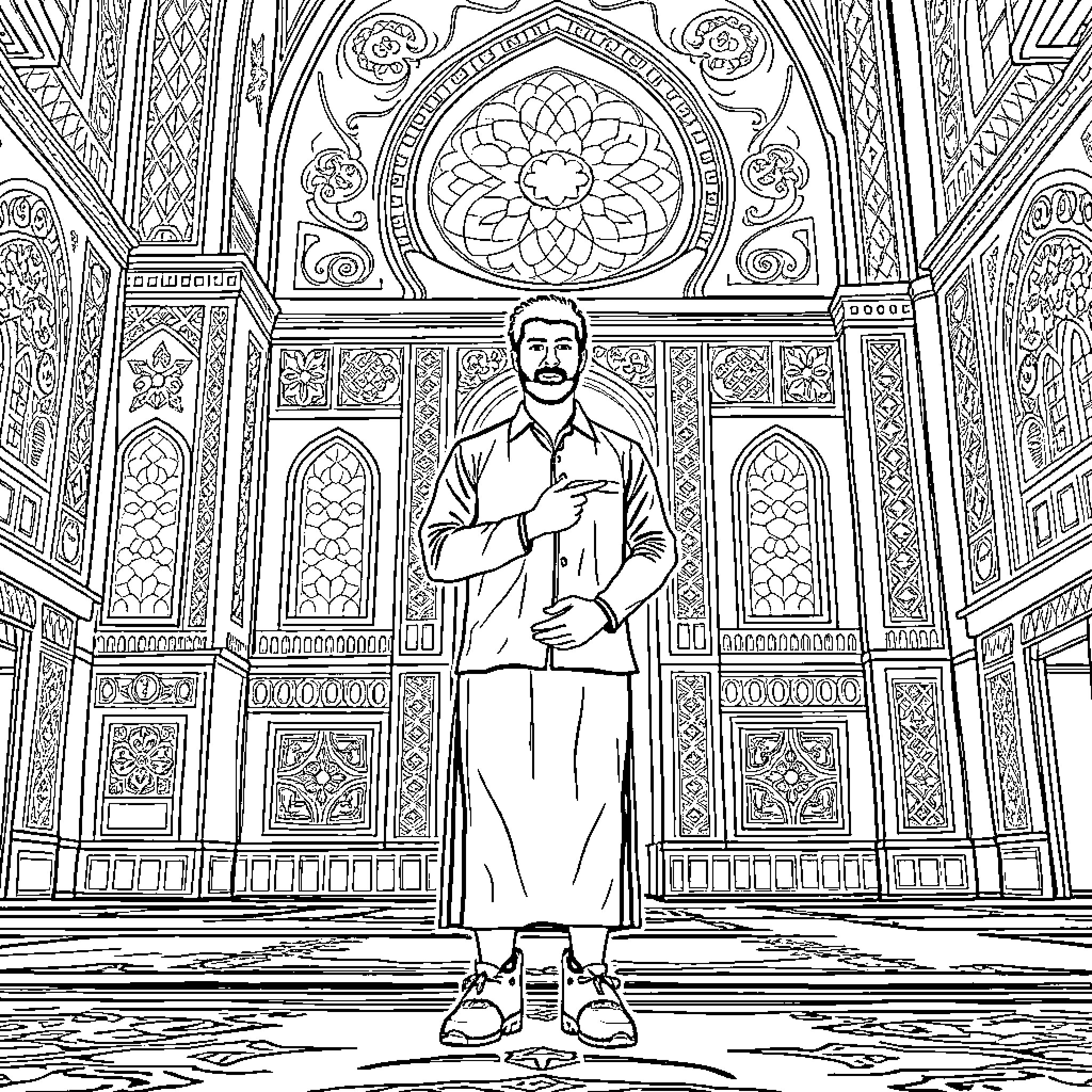 Kier Starmer standing in an ornate architectural setting Coloring Page (free black-and-white line drawing printable PDF for all, from beginners to advanced learners, including children, teens, adults, and seniors)