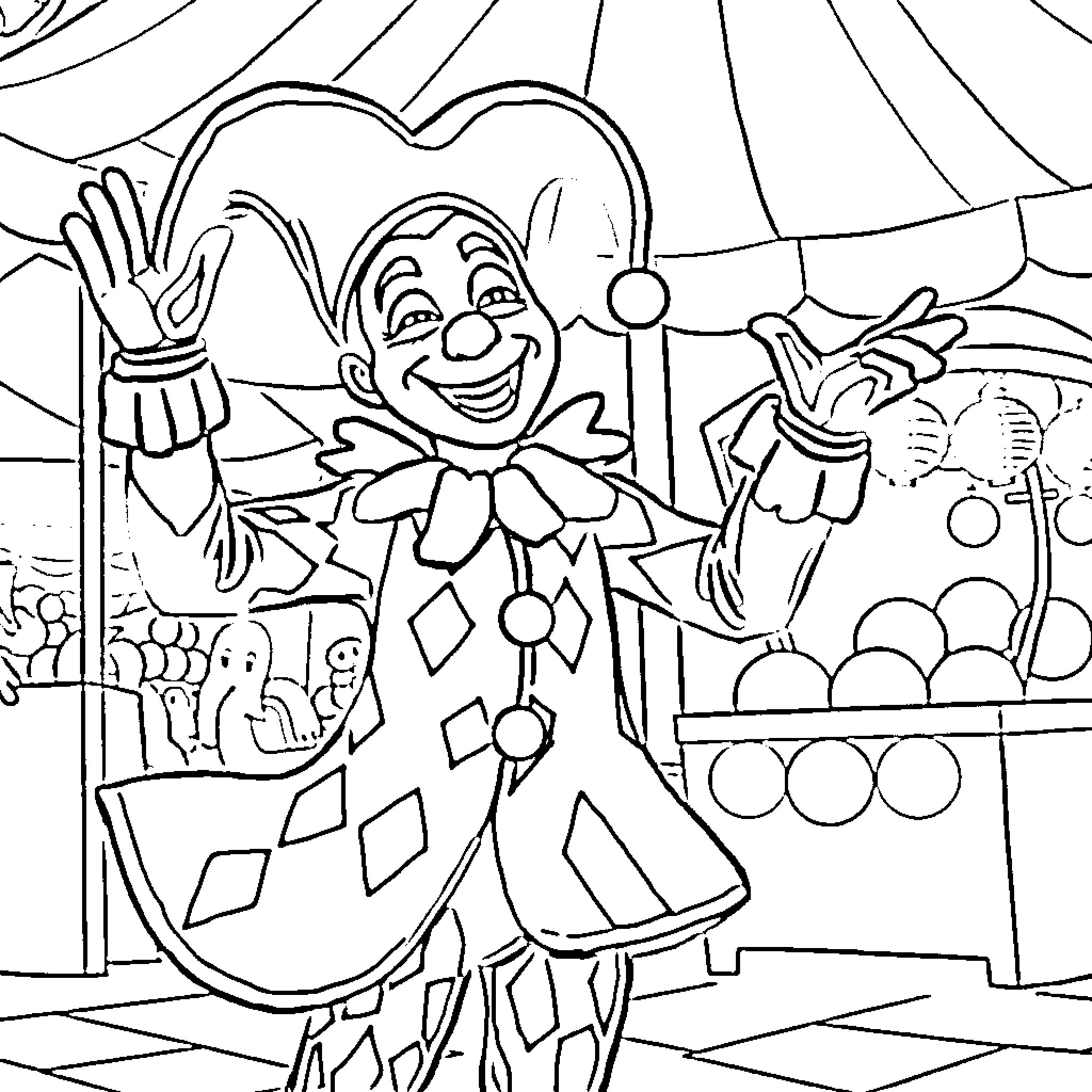 Arlequin's Joyful Performance at the Circus Coloring Page (free black-and-white line drawing printable PDF for all, from beginners to advanced learners, including children, teens, adults, and seniors)