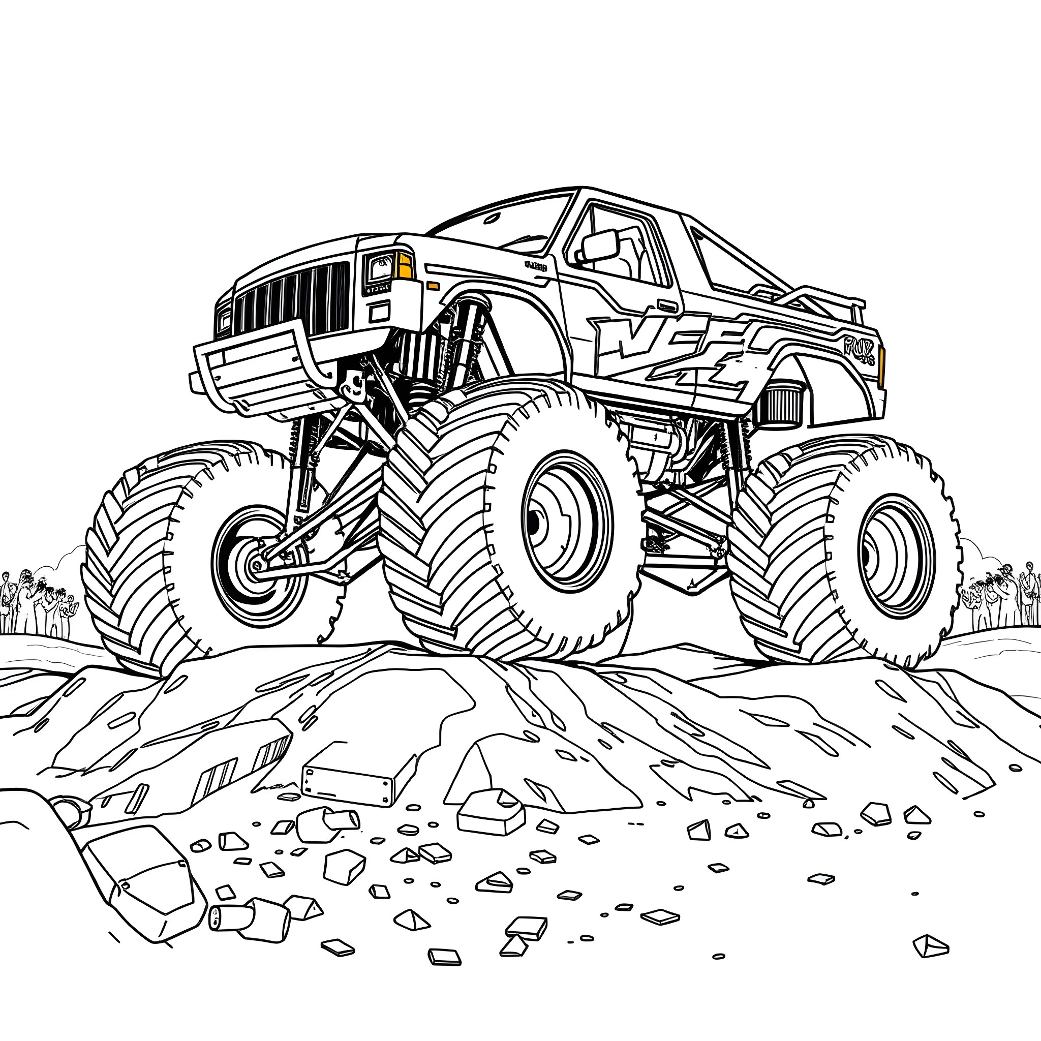 Monster Truck Conquering Rugged Terrain Coloring Page (free black-and-white line drawing printable PDF for all, from beginners to advanced learners, including children, teens, adults, and seniors)