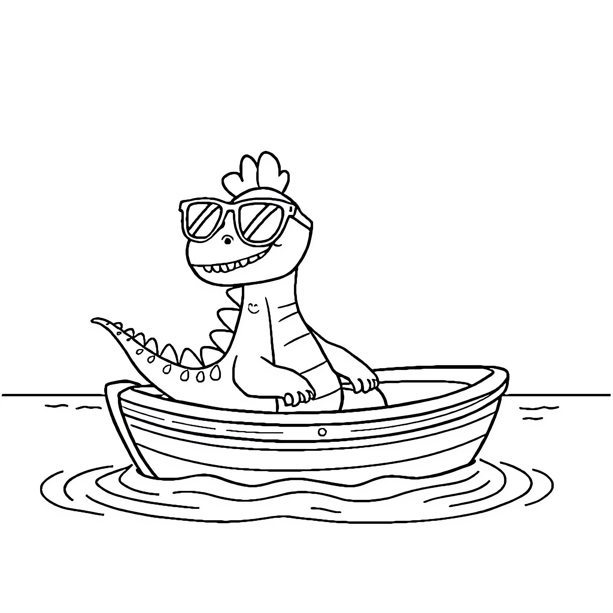 Dinosaur relaxing in a boat wearing sunglasses Coloring Page (free black-and-white line drawing printable PDF for all, from beginners to advanced learners, including children, teens, adults, and seniors)