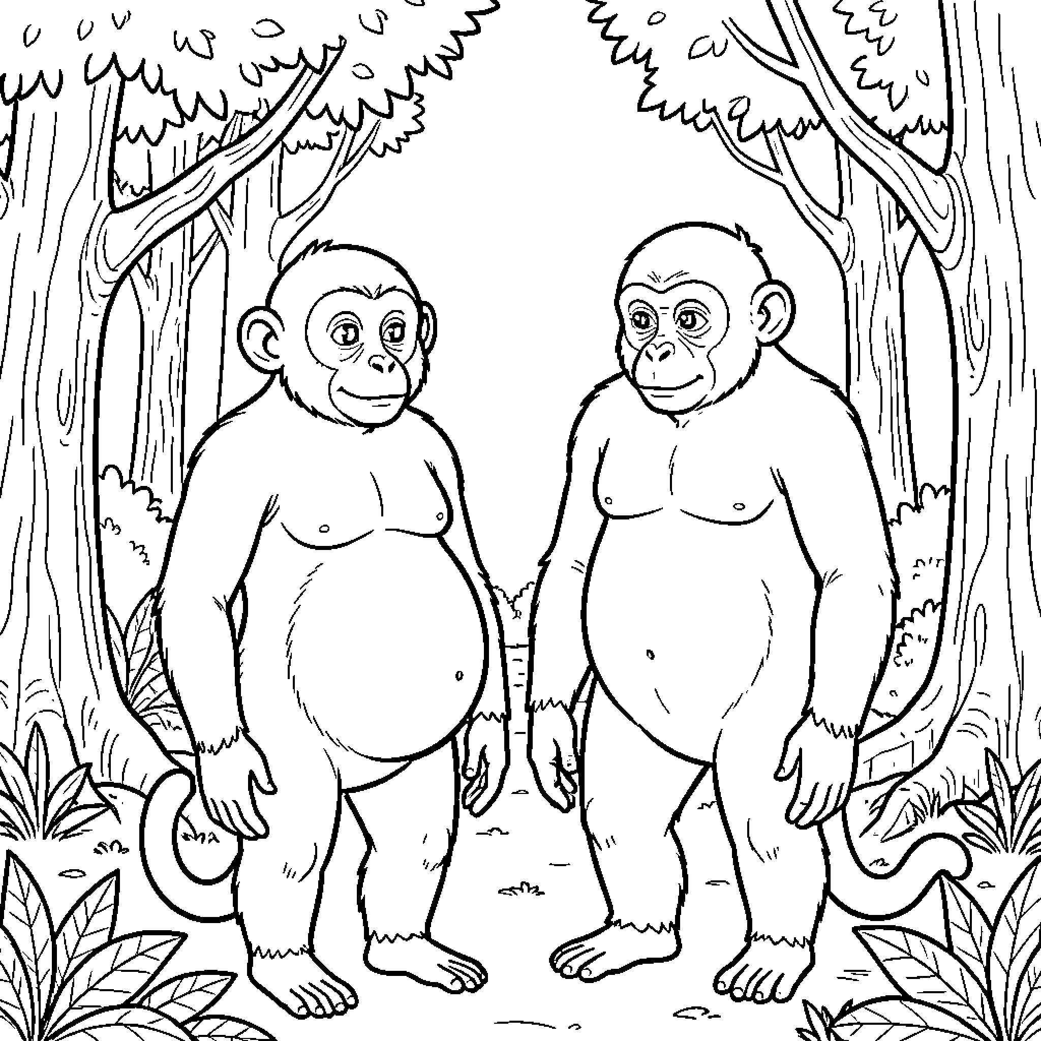 Singe chimpanzees standing together in a lush forest Coloring Page (free black-and-white line drawing printable PDF for all, from beginners to advanced learners, including children, teens, adults, and seniors)