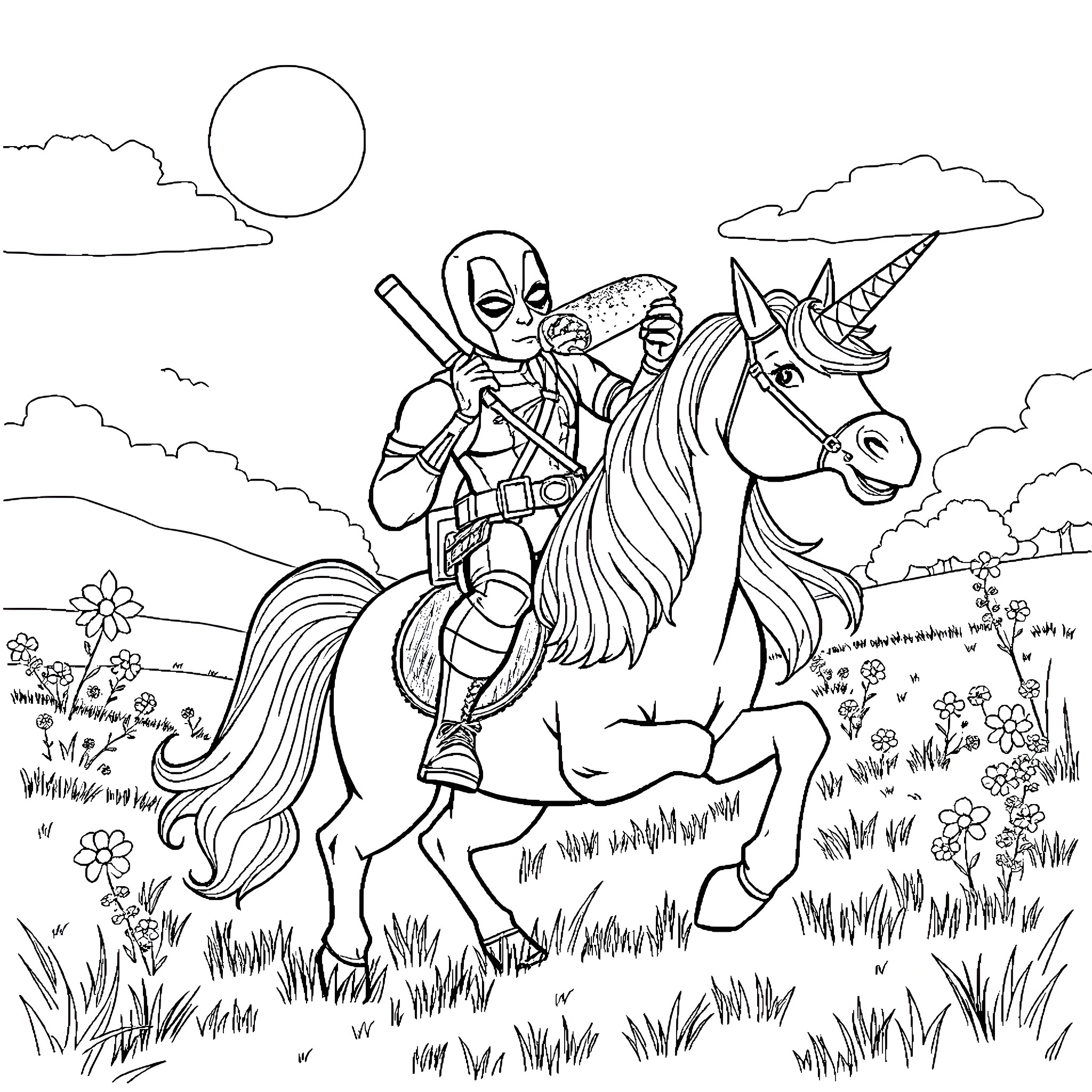 Deadpool riding a unicorn in a whimsical meadow Coloring Page (free black-and-white line drawing printable PDF for all, from beginners to advanced learners, including children, teens, adults, and seniors)