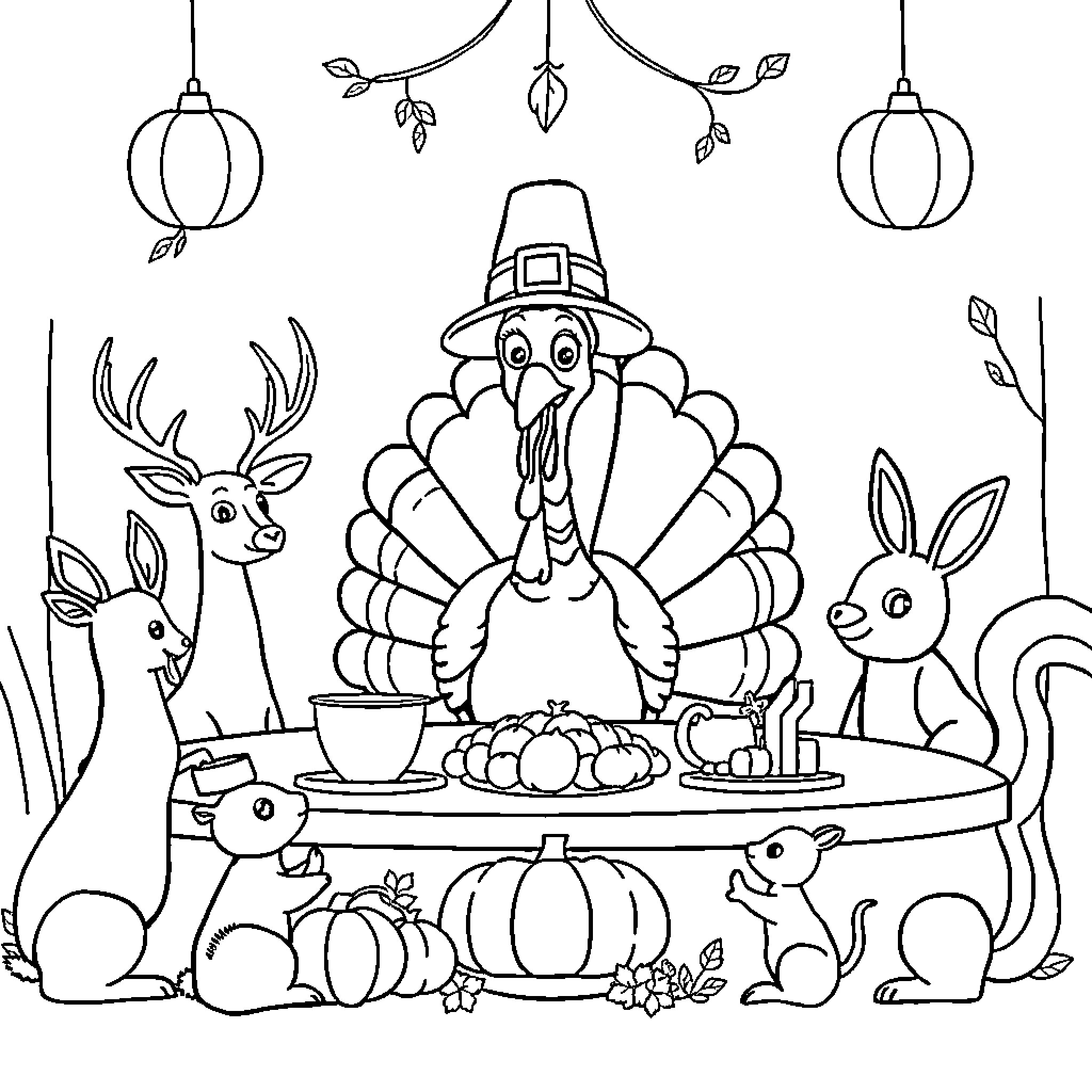 Turkey celebrating Thanksgiving with animals and harvest Coloring Page (free black-and-white line drawing printable PDF for all, from beginners to advanced learners, including children, teens, adults, and seniors)