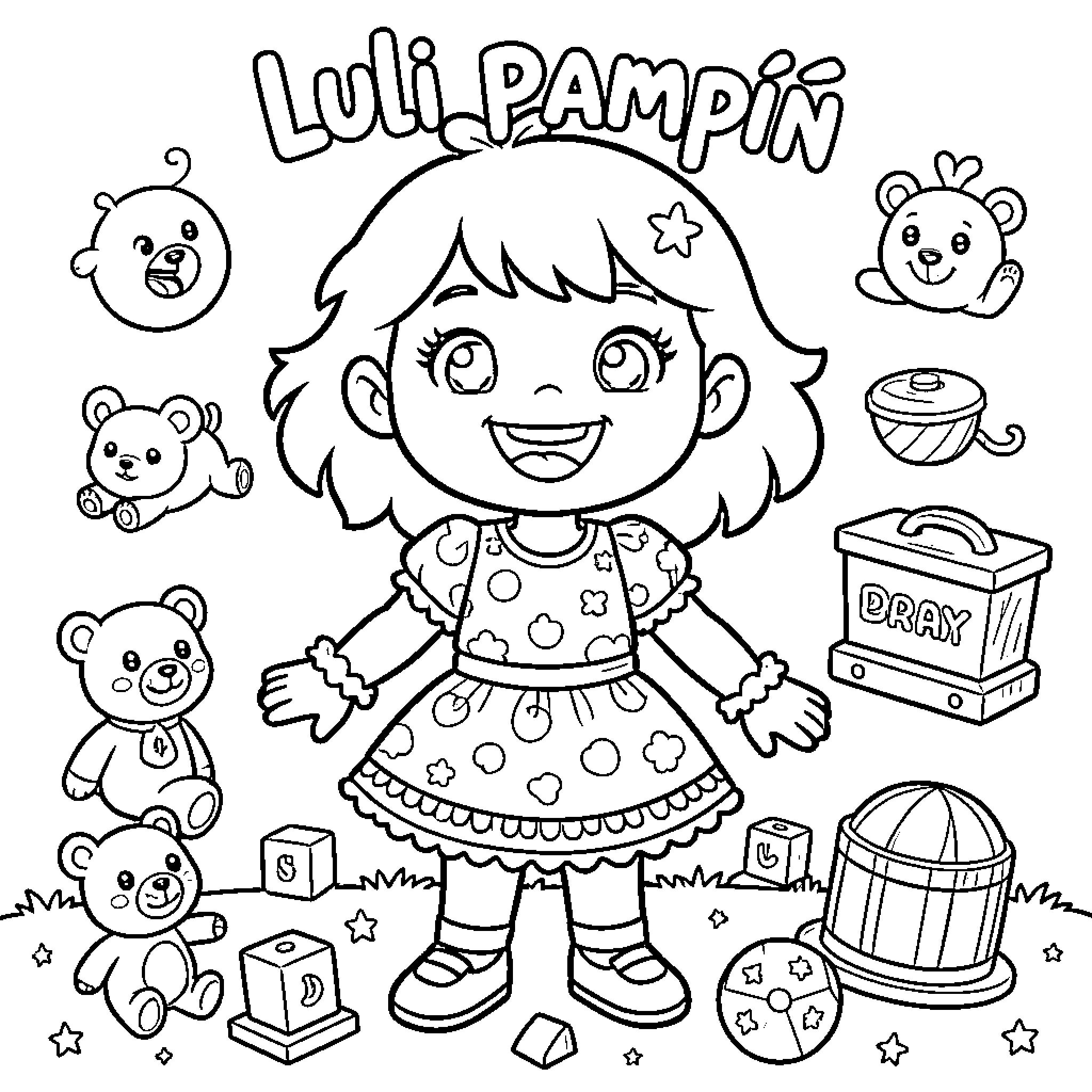 Luli Pampin playing with toys and stuffed animals Coloring Page (free black-and-white line drawing printable PDF for all, from beginners to advanced learners, including children, teens, adults, and seniors)