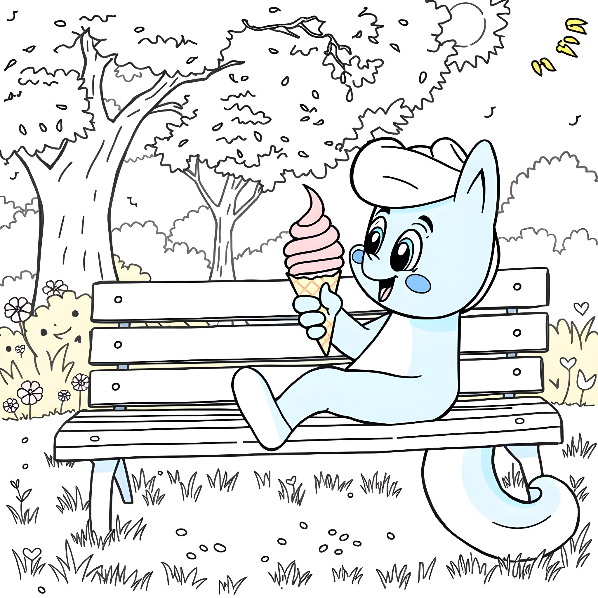 Bluey enjoying an ice cream on a park bench Coloring Page (free black-and-white line drawing printable PDF for all, from beginners to advanced learners, including children, teens, adults, and seniors)