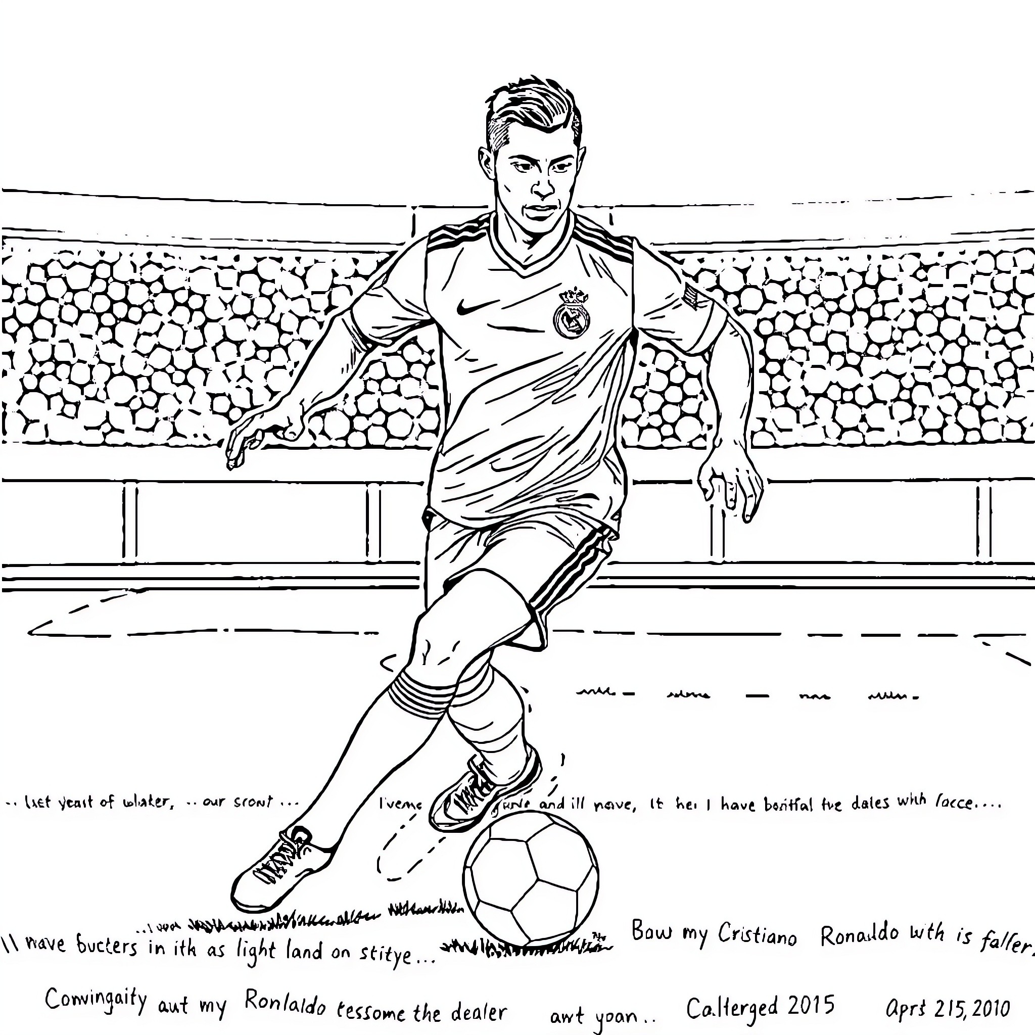Cristiano Ronaldo playing soccer on the field Coloring Page (free black-and-white line drawing printable PDF for all, from beginners to advanced learners, including children, teens, adults, and seniors)