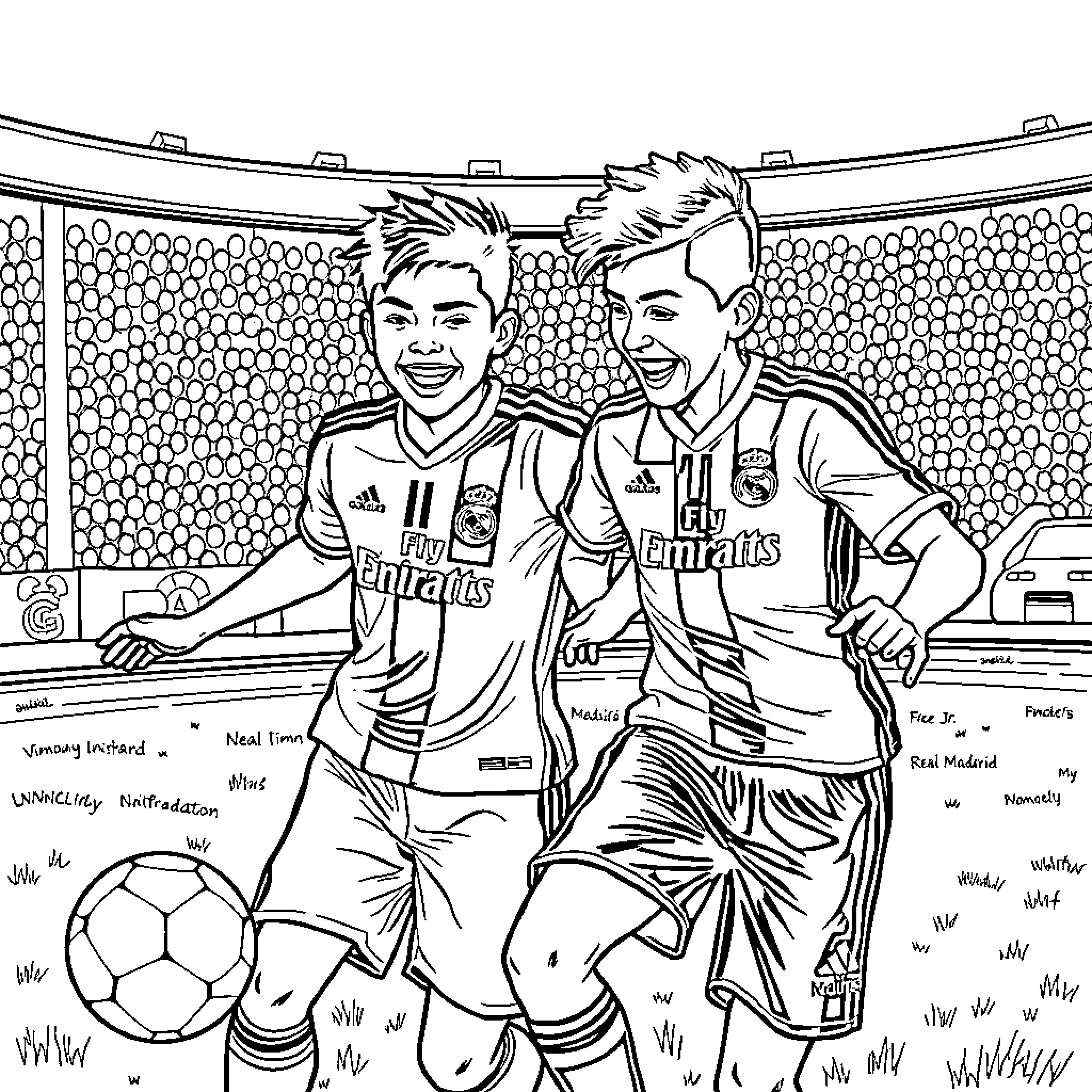 Vinicius Jnr Celebrating with Teammate on Football Pitch Coloring Page (free black-and-white line drawing printable PDF for all, from beginners to advanced learners, including children, teens, adults, and seniors)