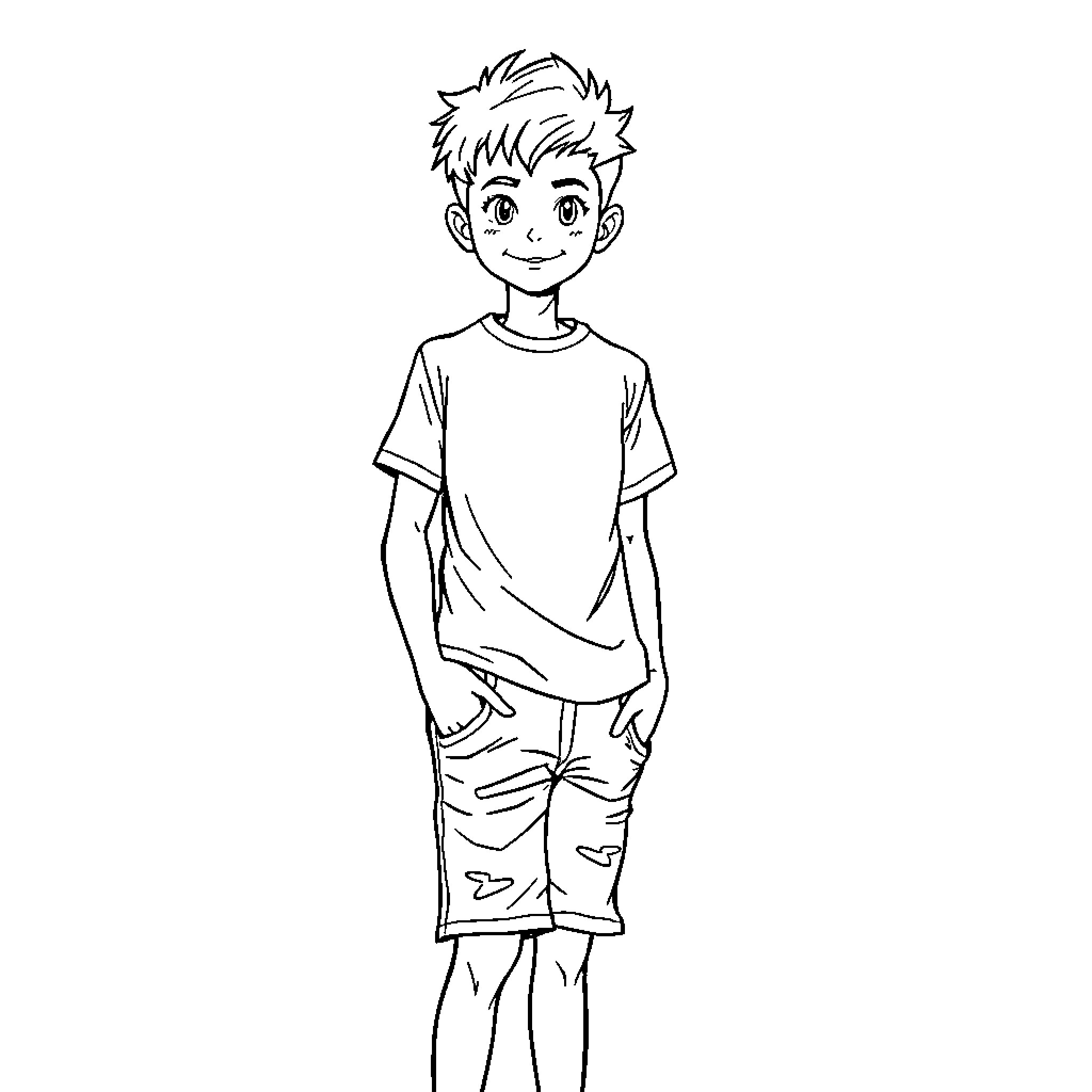 Boy with Casual Outfit and Friendly Expression Coloring Page (free black-and-white line drawing printable PDF for all, from beginners to advanced learners, including children, teens, adults, and seniors)