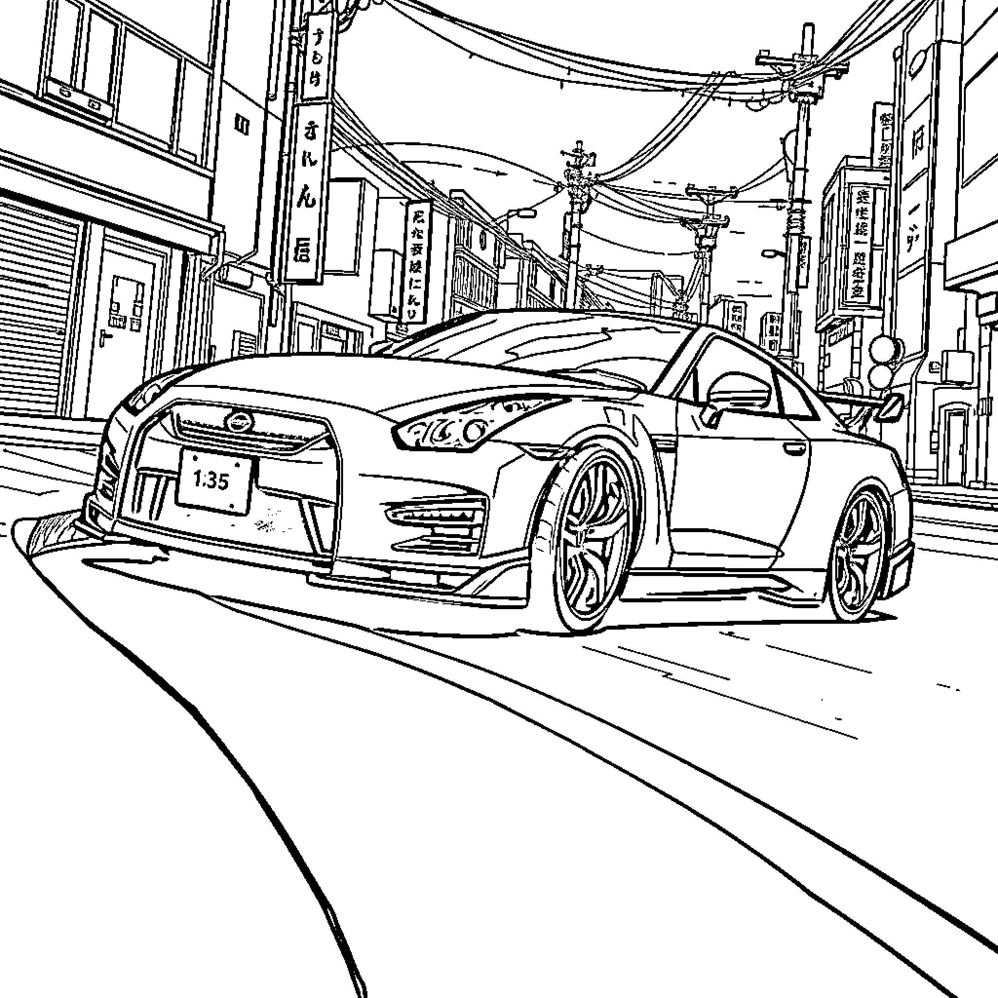 Nissan sports car on city street Coloring Page (free black-and-white line drawing printable PDF for all, from beginners to advanced learners, including children, teens, adults, and seniors)