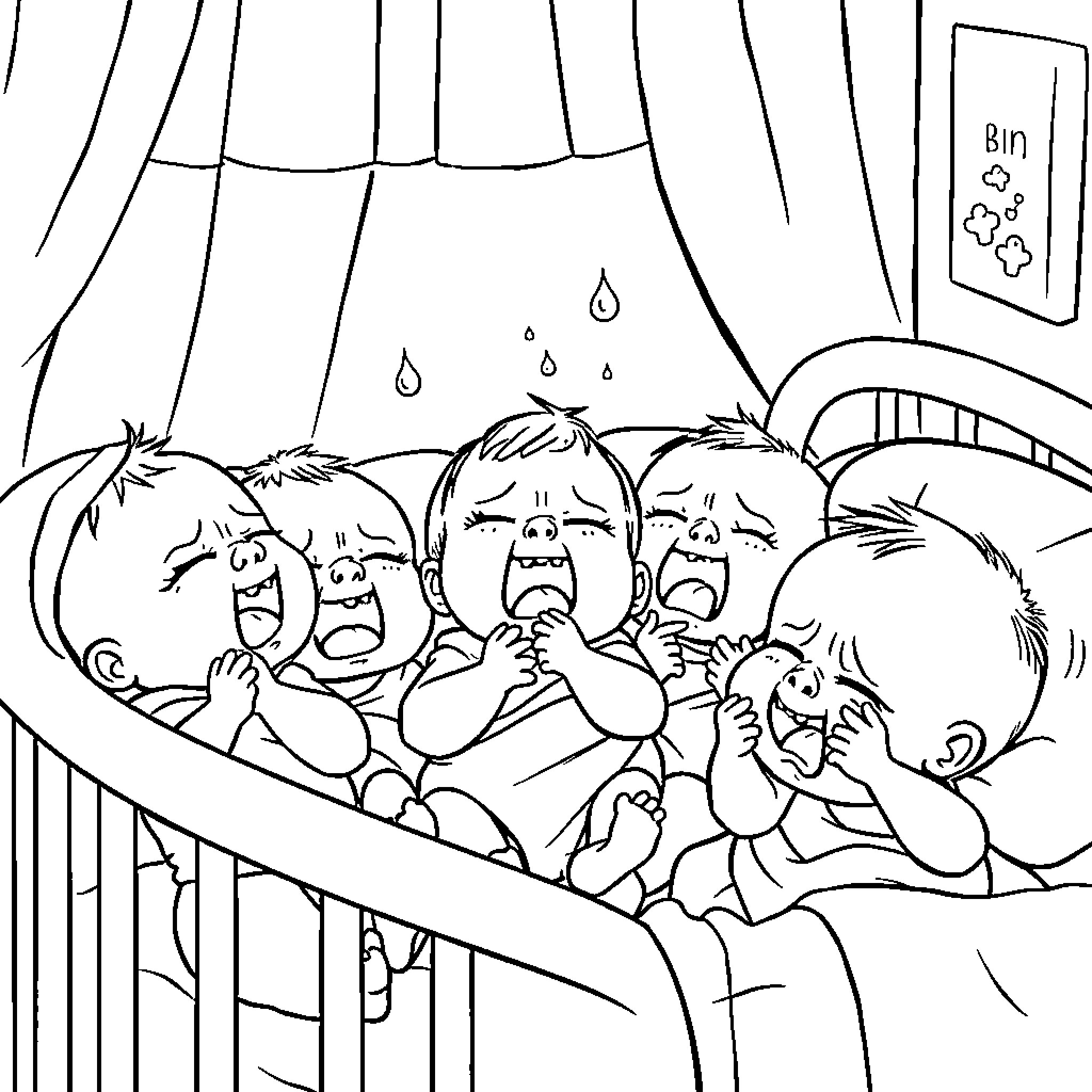 Baby crying together in crib Coloring Page (free black-and-white line drawing printable PDF for all, from beginners to advanced learners, including children, teens, adults, and seniors)