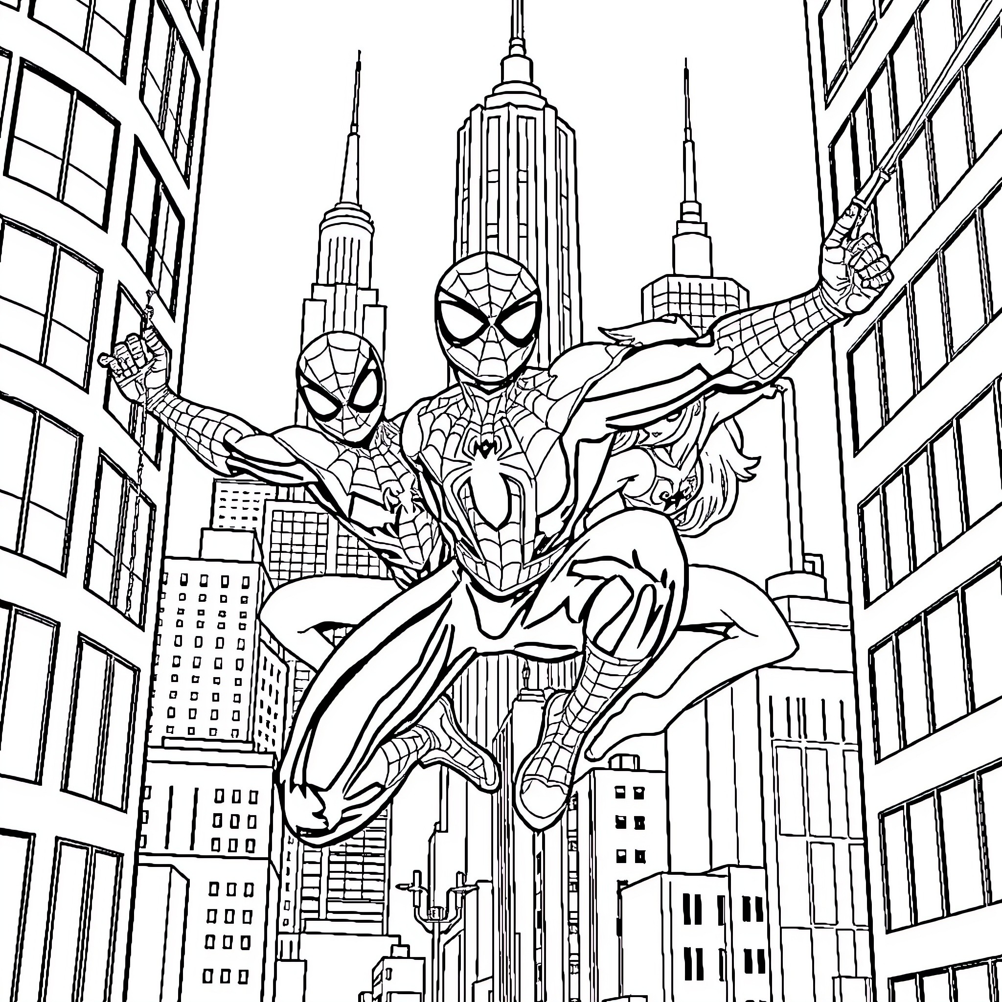 Spidey swinging through the city skyline Coloring Page (free black-and-white line drawing printable PDF for all, from beginners to advanced learners, including children, teens, adults, and seniors)