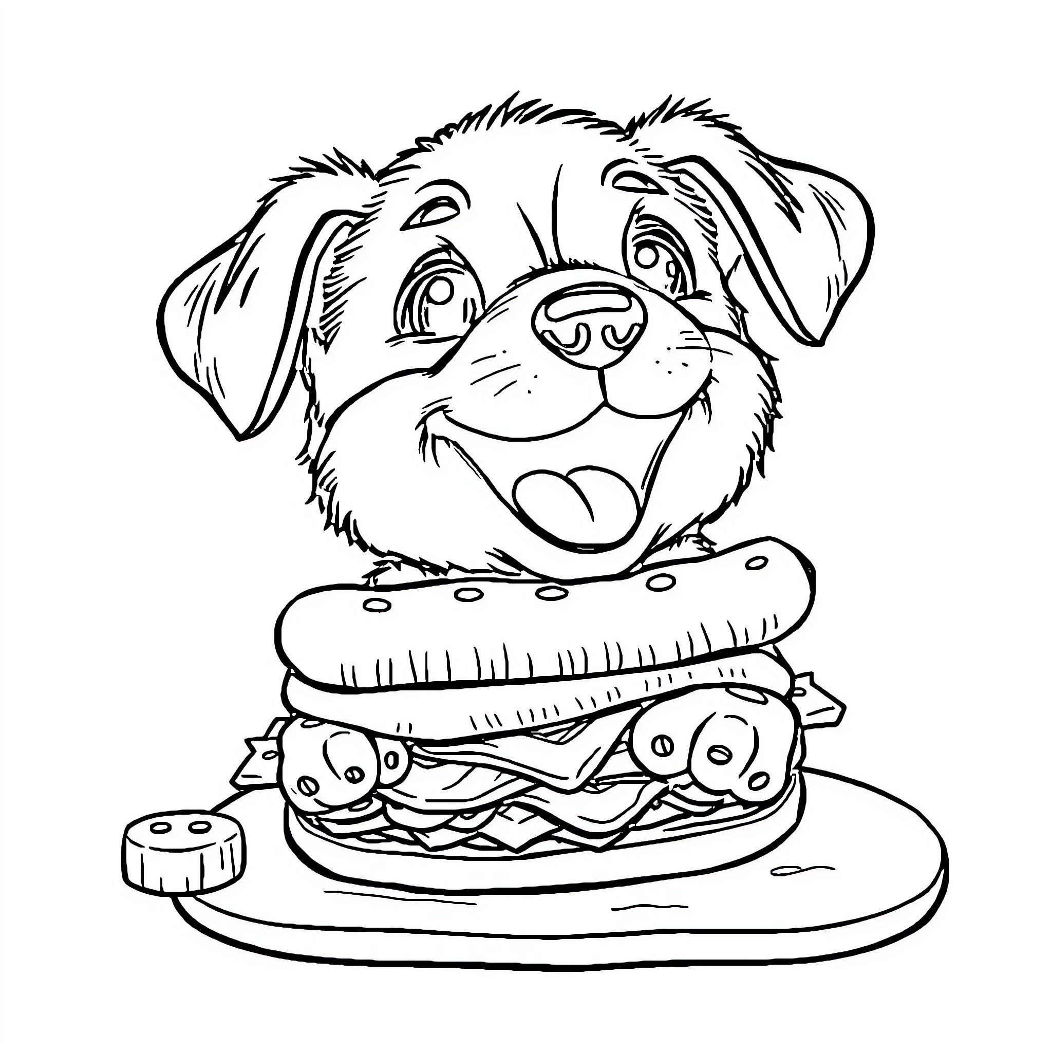 Puppy enjoying a tasty burger Coloring Page (free black-and-white line drawing printable PDF for all, from beginners to advanced learners, including children, teens, adults, and seniors)
