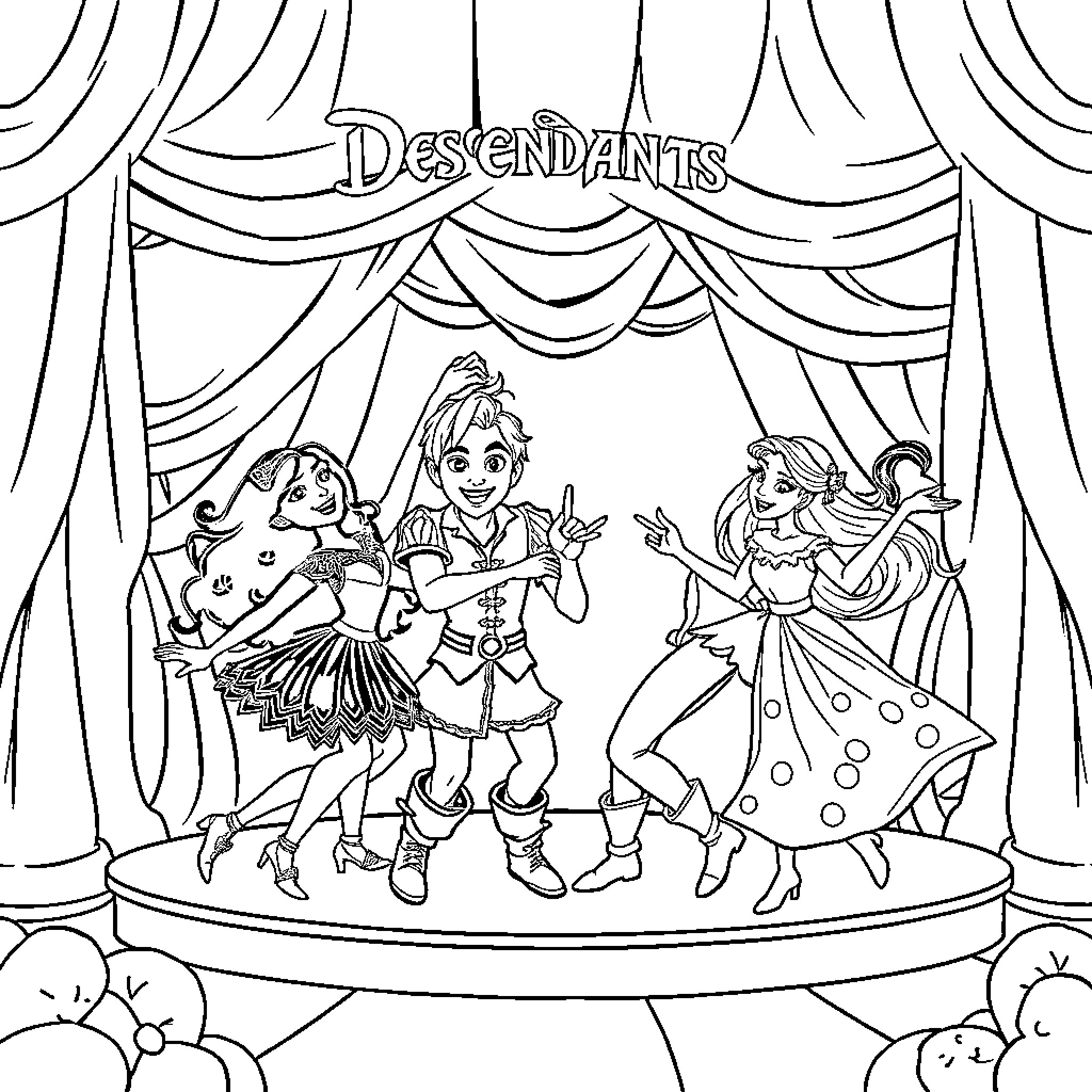 Disney Descendants characters performing on stage Coloring Page (free black-and-white line drawing printable PDF for all, from beginners to advanced learners, including children, teens, adults, and seniors)