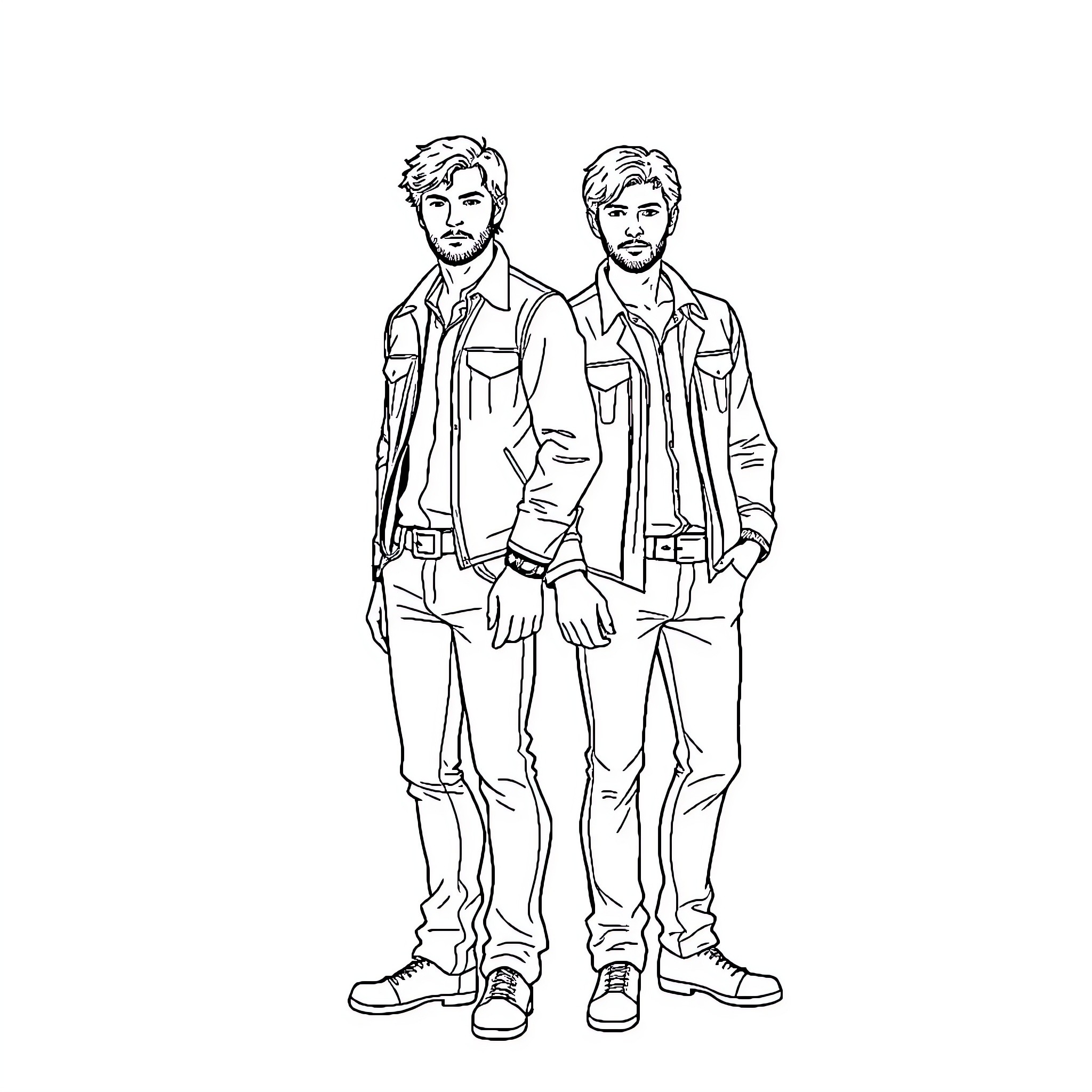 Winchester Duo in Casual Attire Coloring Page (free black-and-white line drawing printable PDF for all, from beginners to advanced learners, including children, teens, adults, and seniors)