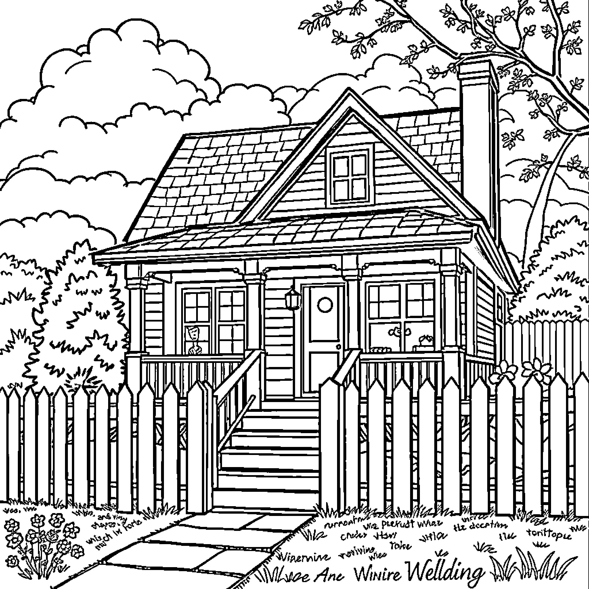 House with Charming Porch and Scenic Surroundings Coloring Page (free black-and-white line drawing printable PDF for all, from beginners to advanced learners, including children, teens, adults, and seniors)