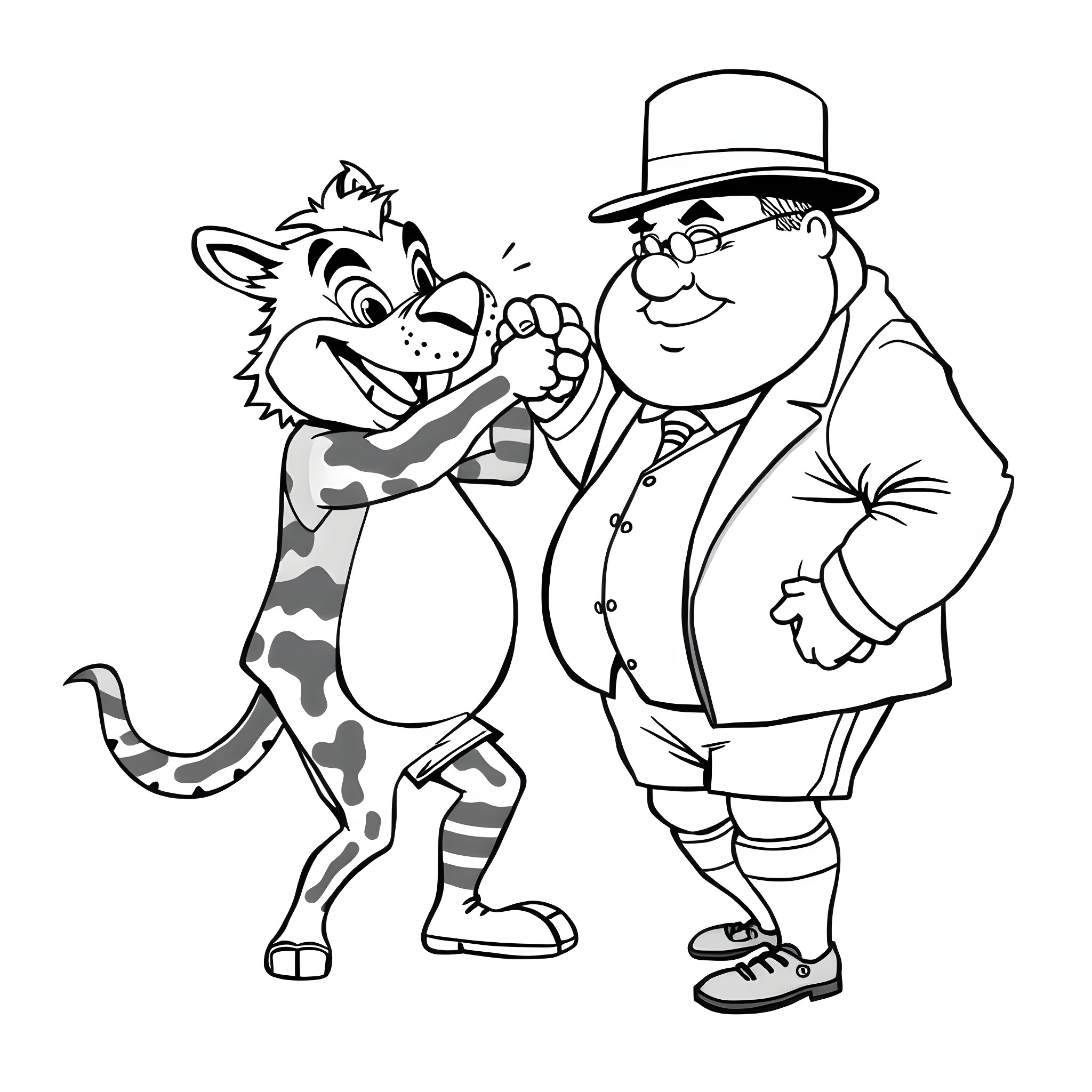 Mascot characters in playful encounter Coloring Page (free black-and-white line drawing printable PDF for all, from beginners to advanced learners, including children, teens, adults, and seniors)