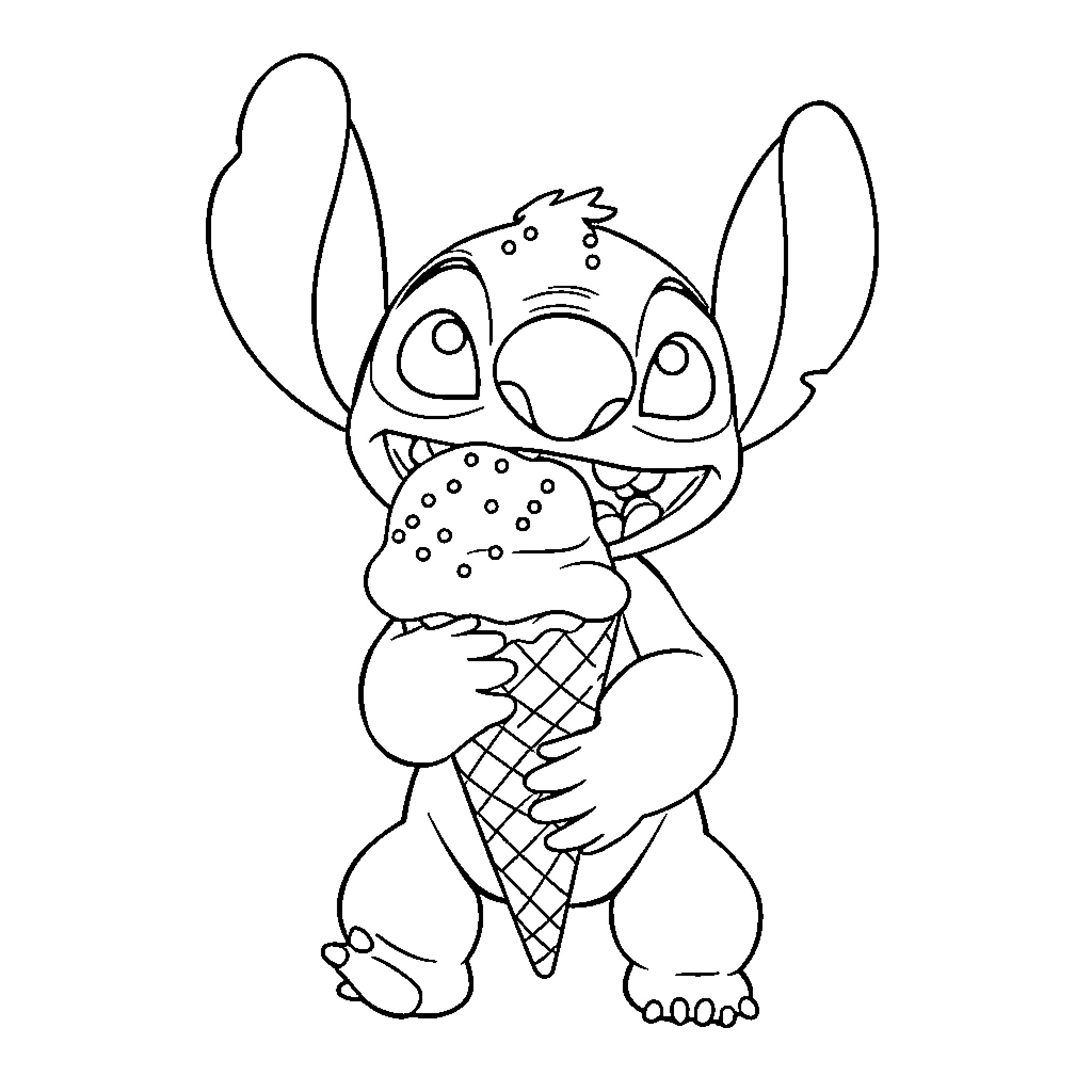 Stitch eating an ice cream cone happily Coloring Page (free black-and-white line drawing printable PDF for all, from beginners to advanced learners, including children, teens, adults, and seniors)