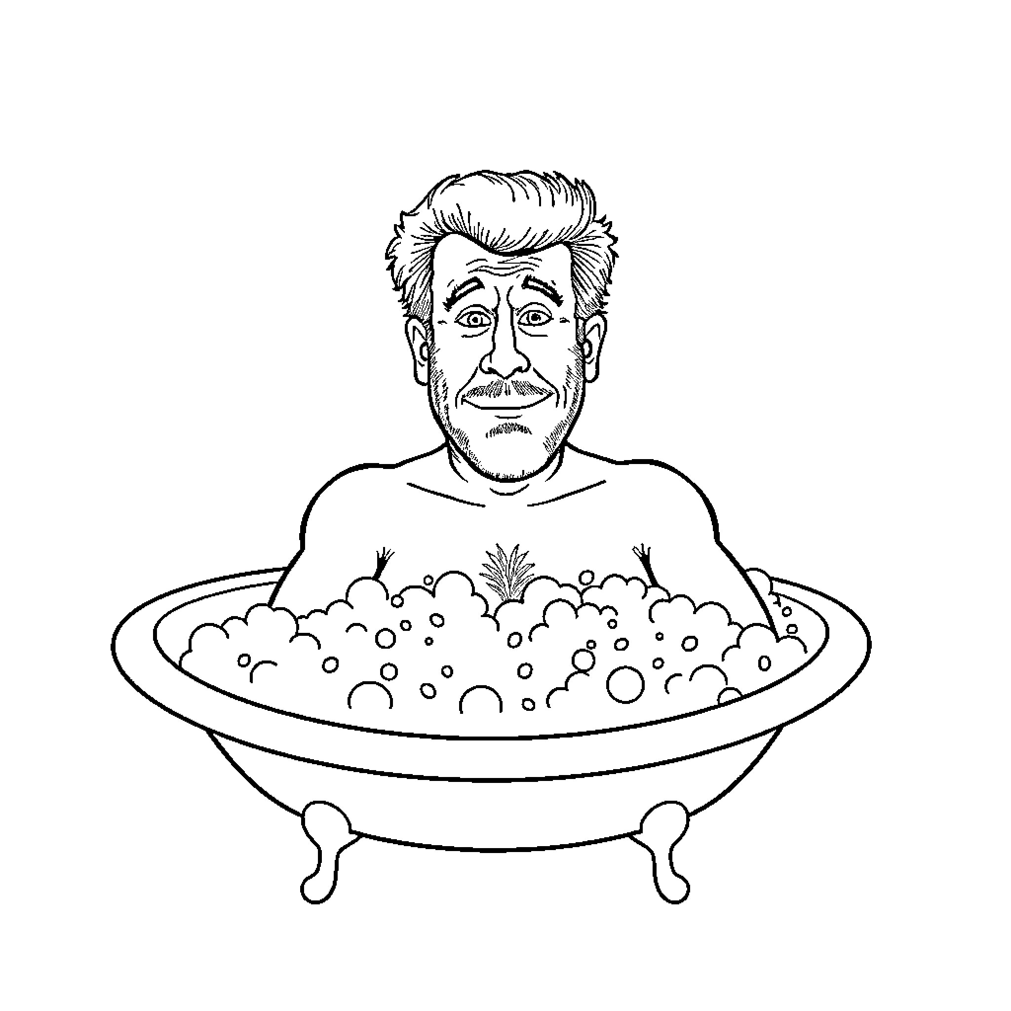 Will Ferrell enjoying a bubbly bath Coloring Page (free black-and-white line drawing printable PDF for all, from beginners to advanced learners, including children, teens, adults, and seniors)