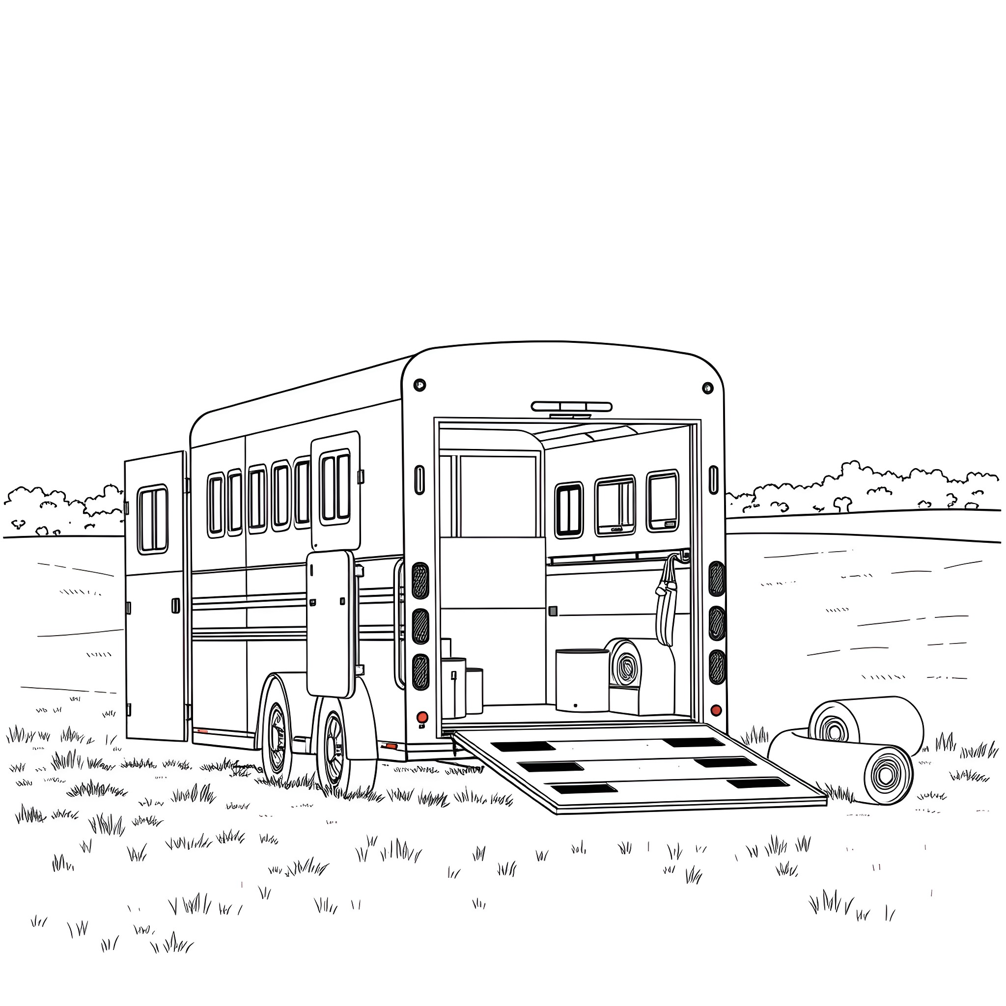 Horse Trailer parked in the countryside Coloring Page (free black-and-white line drawing printable PDF for all, from beginners to advanced learners, including children, teens, adults, and seniors)