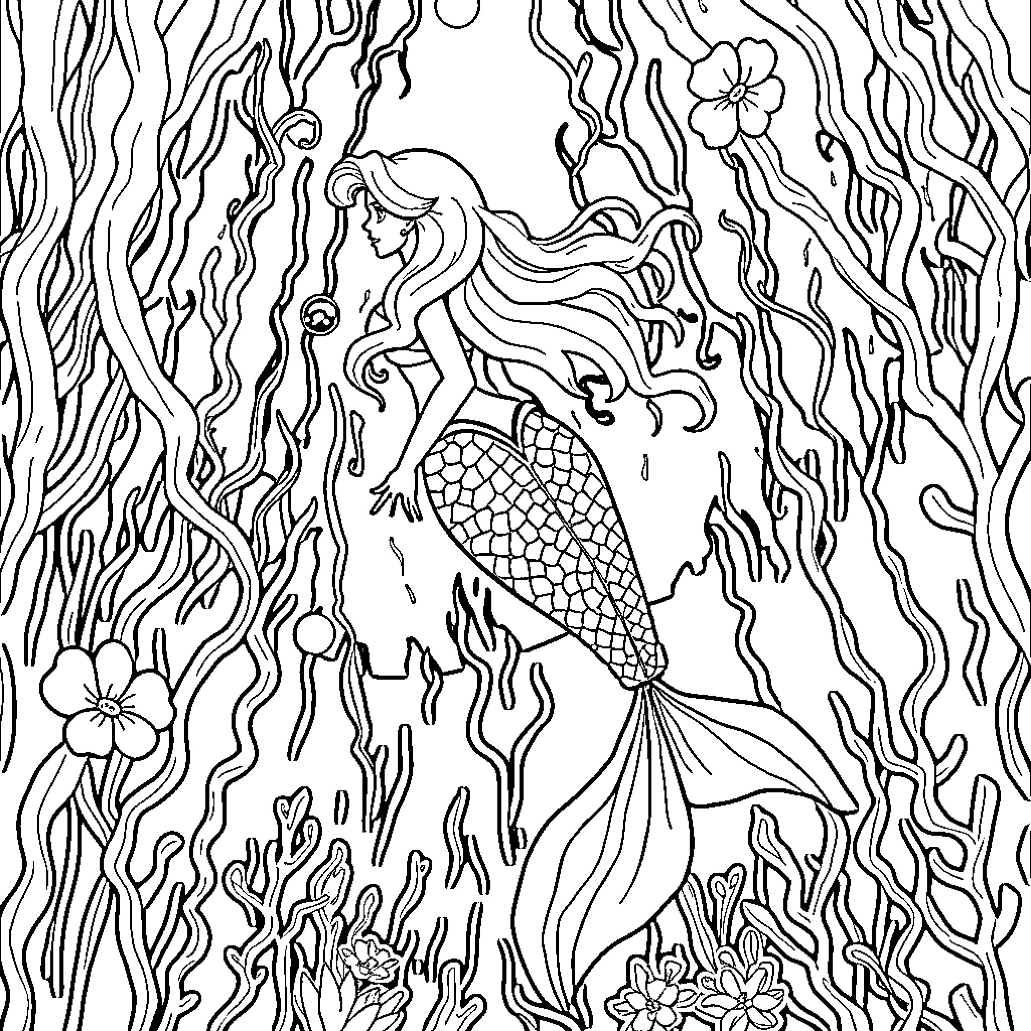 Mermaid swimming gracefully among seaweed and flowers Coloring Page (free black-and-white line drawing printable PDF for all, from beginners to advanced learners, including children, teens, adults, and seniors)