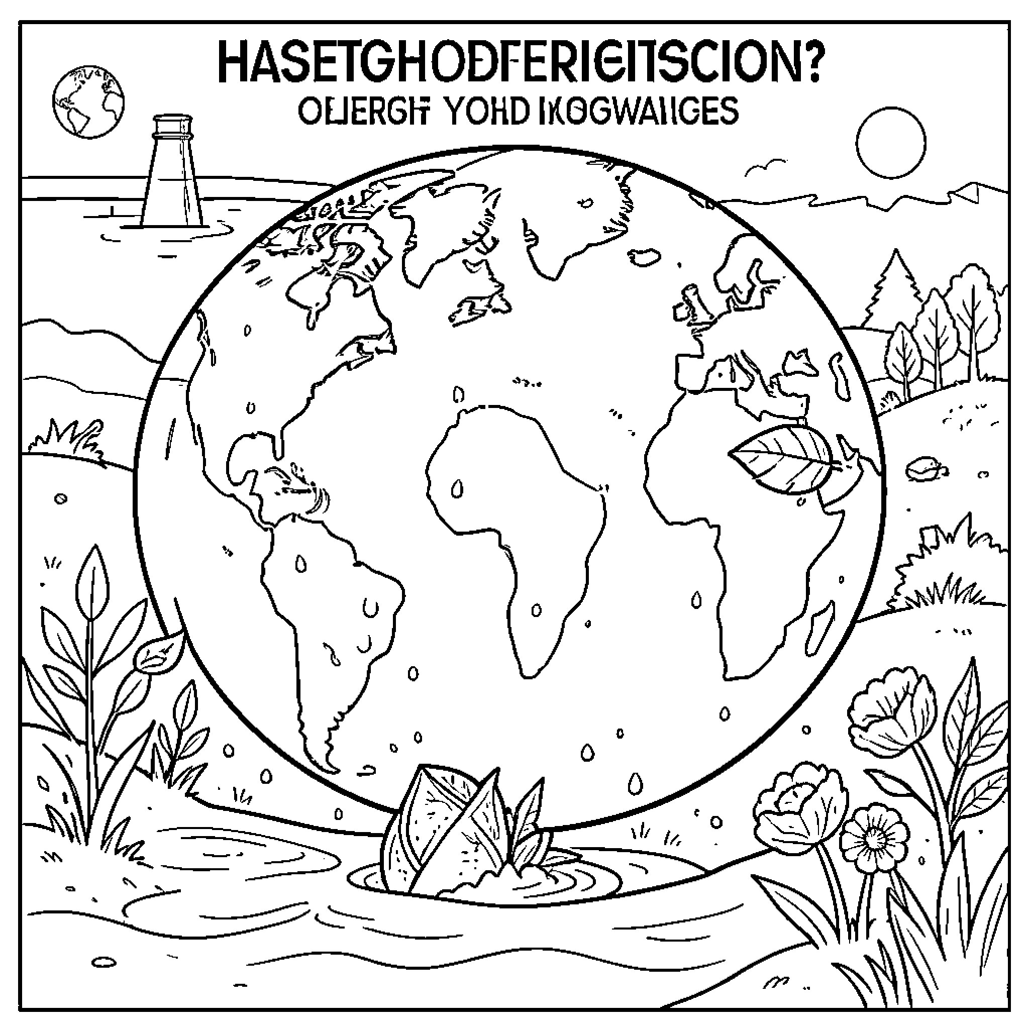 Water flowing around the globe and natural landscapes Coloring Page (free black-and-white line drawing printable PDF for all, from beginners to advanced learners, including children, teens, adults, and seniors)