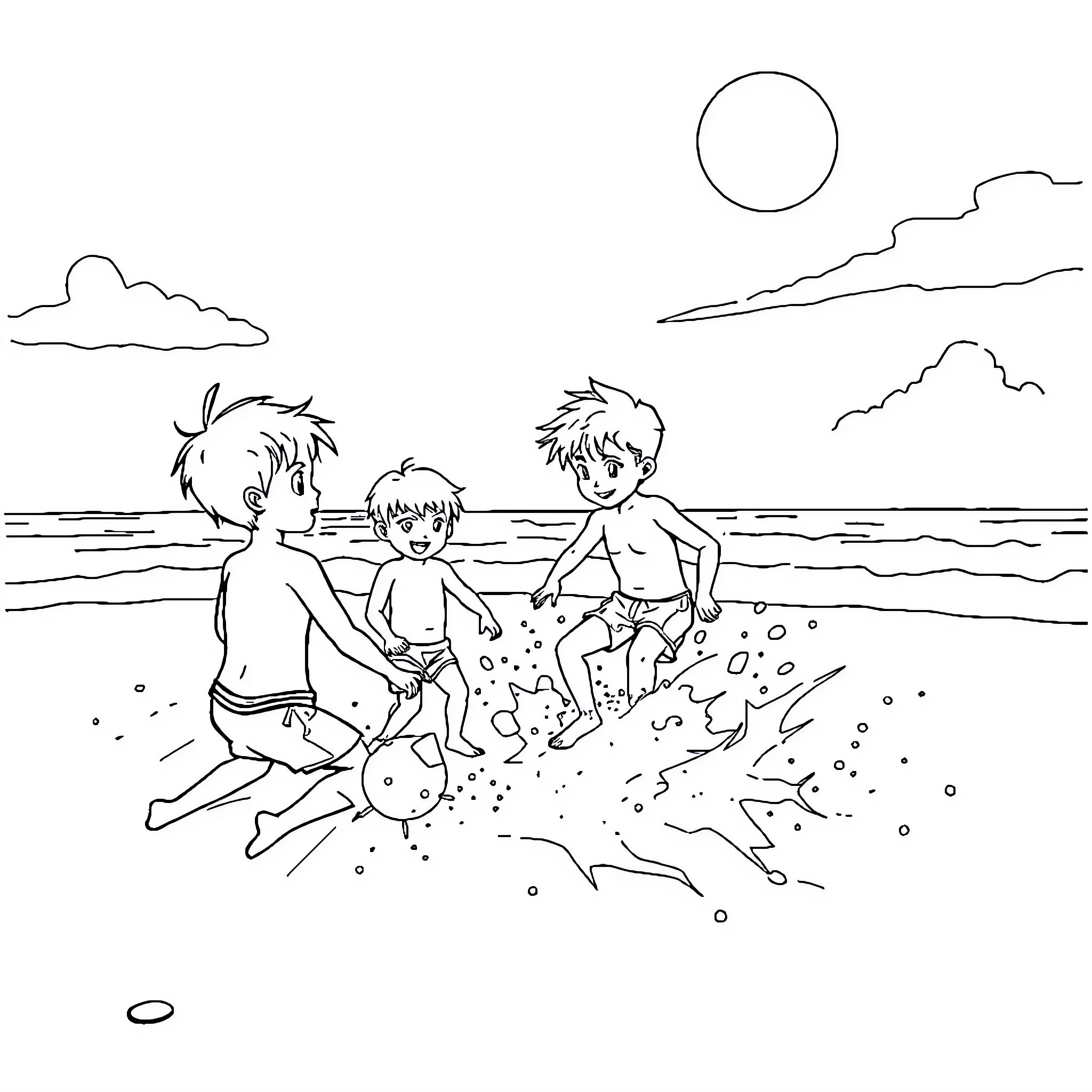 Boy enjoys a sunny day at the beach with friends Coloring Page (free black-and-white line drawing printable PDF for all, from beginners to advanced learners, including children, teens, adults, and seniors)