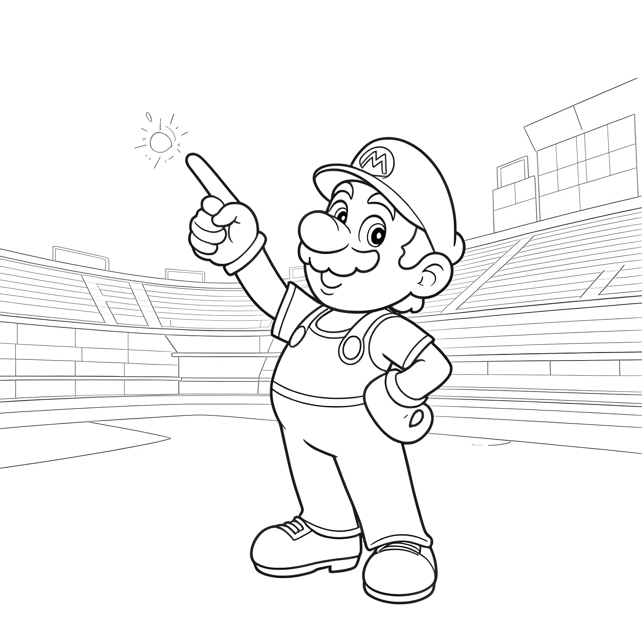 Mario in a Cheerful Pose Coloring Page (free black-and-white line drawing printable PDF for all, from beginners to advanced learners, including children, teens, adults, and seniors)