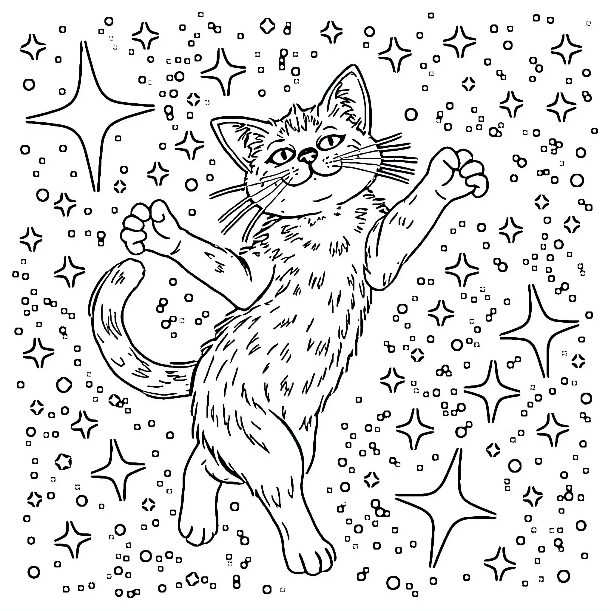 Gato Sparkling in Starry Night Coloring Page (free black-and-white line drawing printable PDF for all, from beginners to advanced learners, including children, teens, adults, and seniors)
